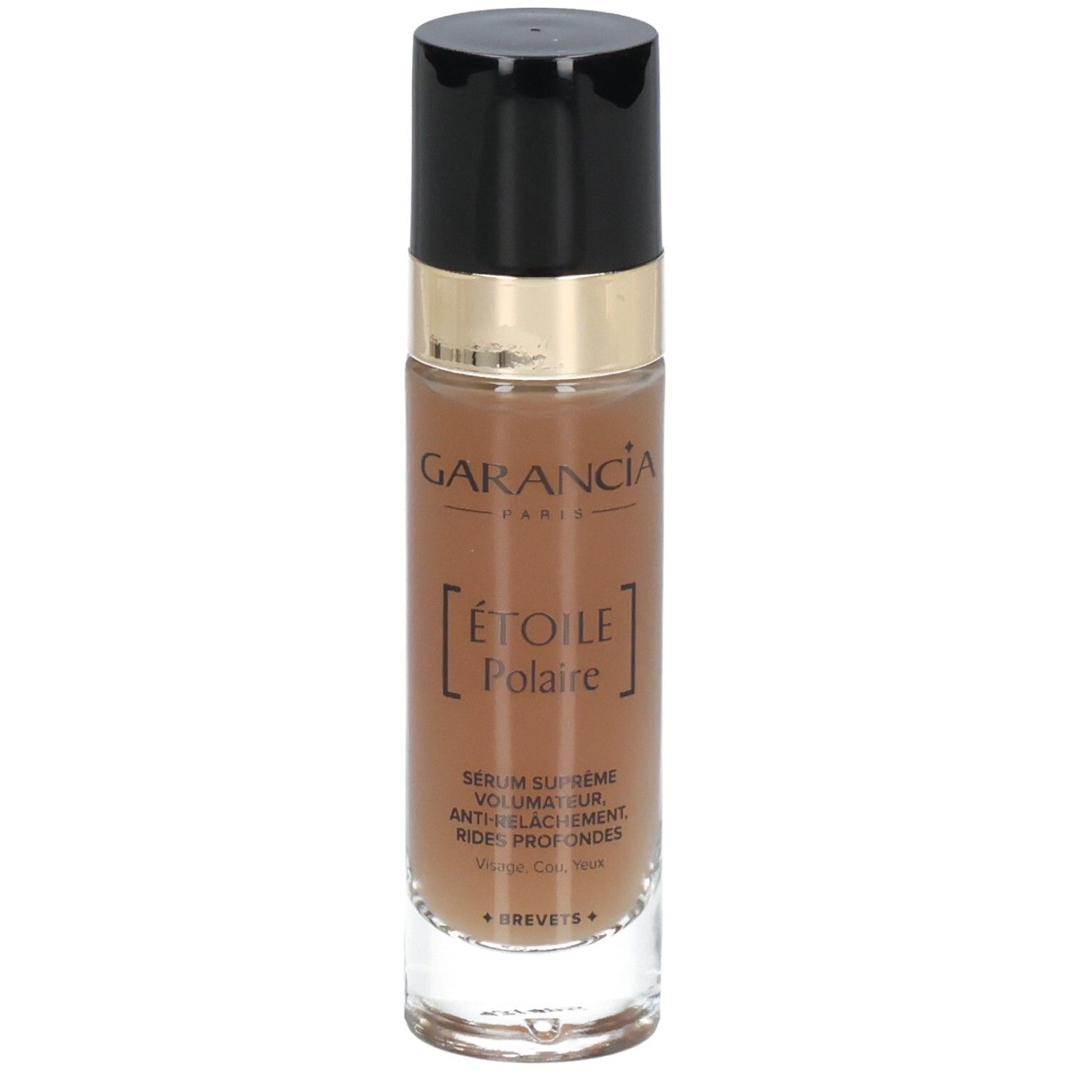 Garancia Etoile Polaire Serum: Glasflasche mit Pumpspender und schwarzem Deckel. Braune Flüssigkeit sichtbar.