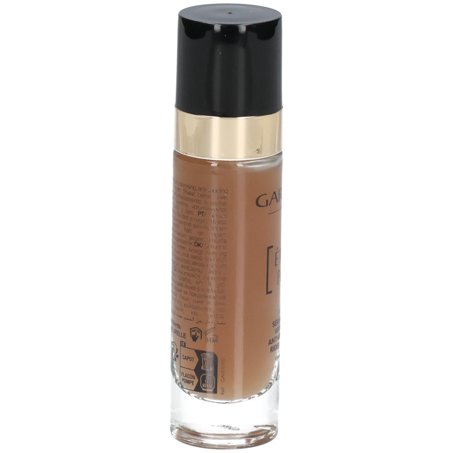 Garancia Etoile Polaire Serum: Seitenansicht der Glasflasche mit Pumpspender. Etikett mit Produktinformationen.