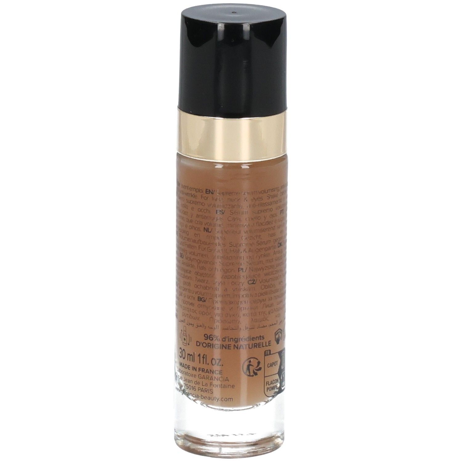 Garancia Etoile Polaire Serum: Rückseite der Glasflasche mit detailliertem Etikett und Siegeln.