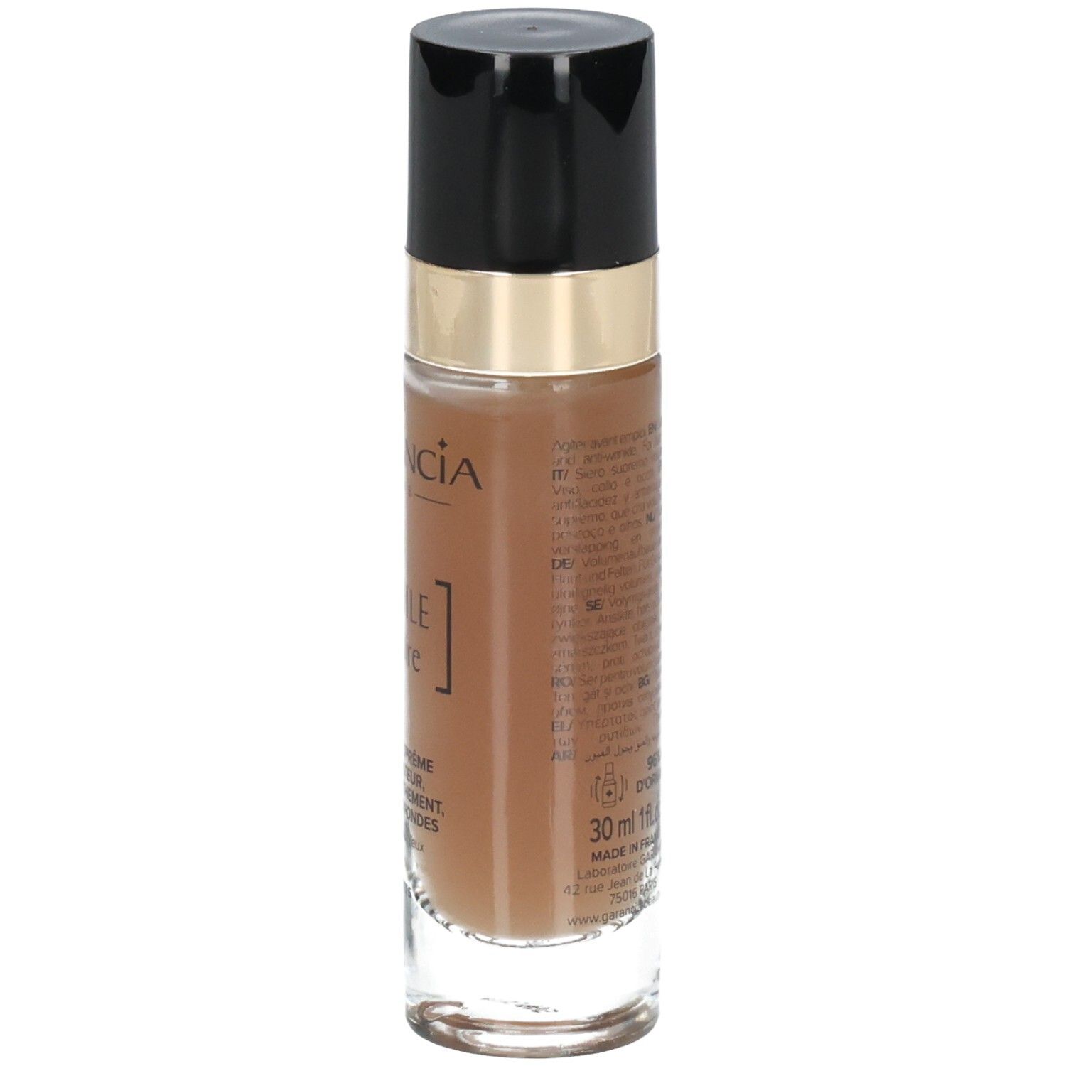 Garancia Etoile Polaire Serum: Seitenansicht der Flasche mit Etikett, das Inhaltsstoffe und Herstellungsort angibt.