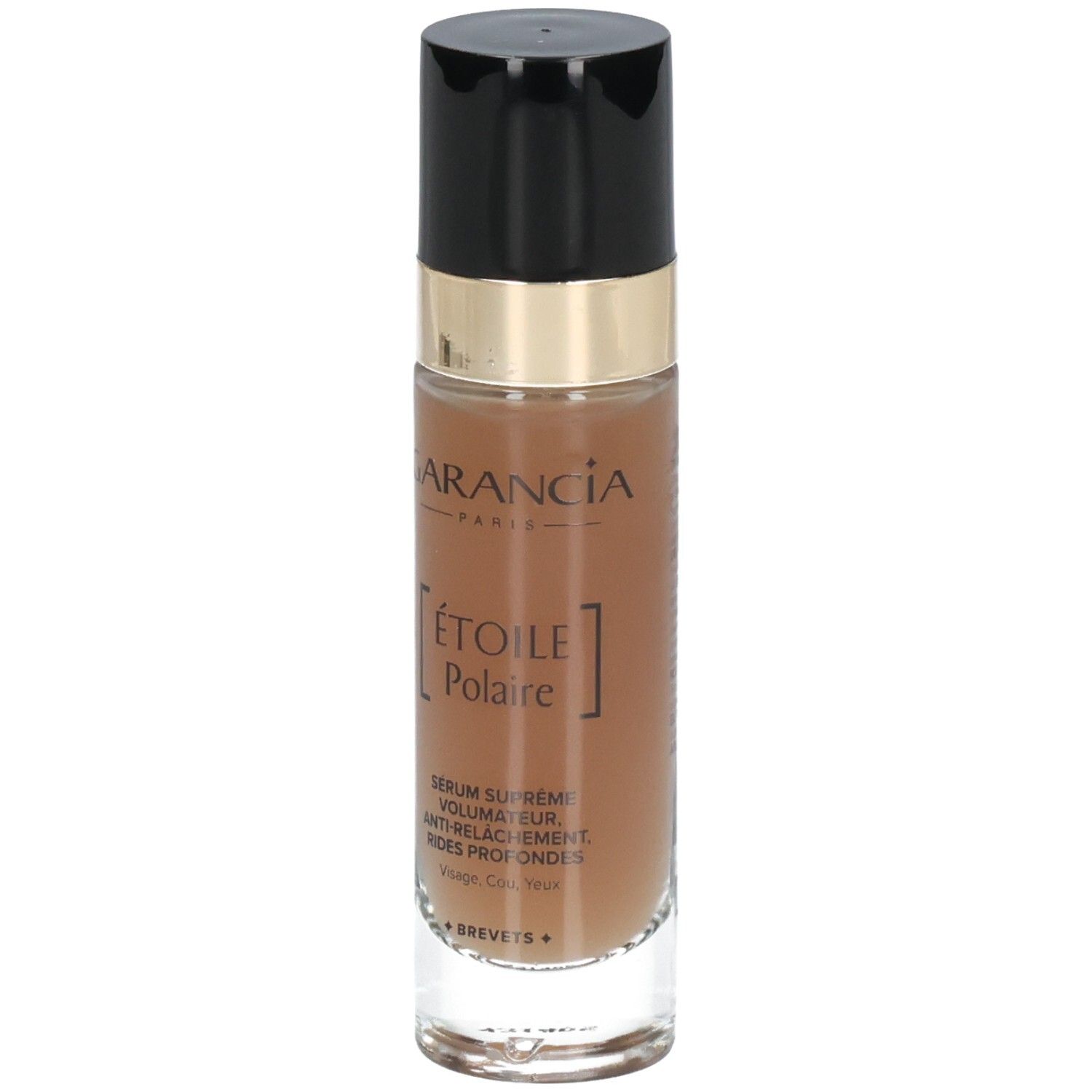 Garancia Etoile Polaire Serum: Glasflasche mit Pumpspender und schwarzem Deckel. Braune Flüssigkeit sichtbar.