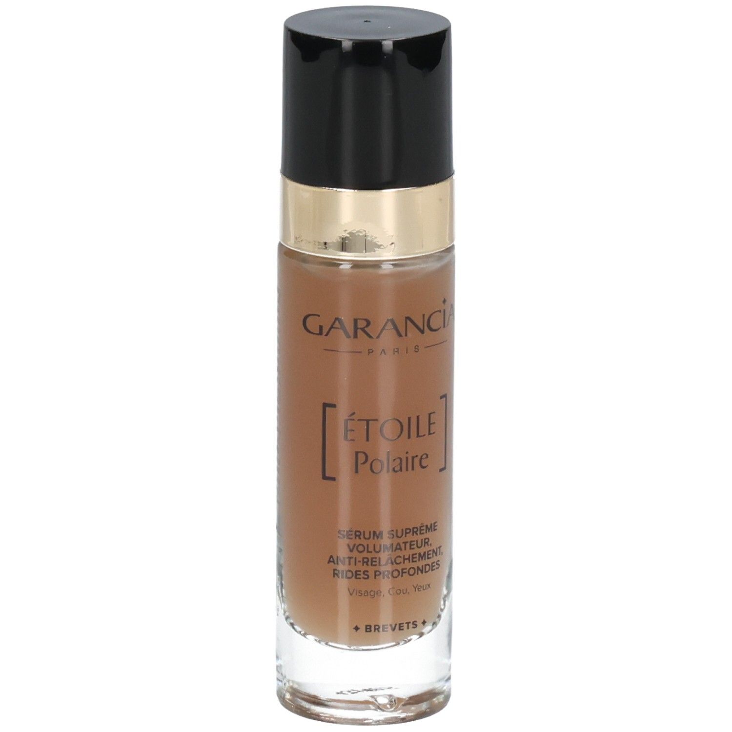 Garancia Etoile Polaire Serum: Glasflasche mit Pumpspender und schwarzem Deckel. Braune Flüssigkeit sichtbar.