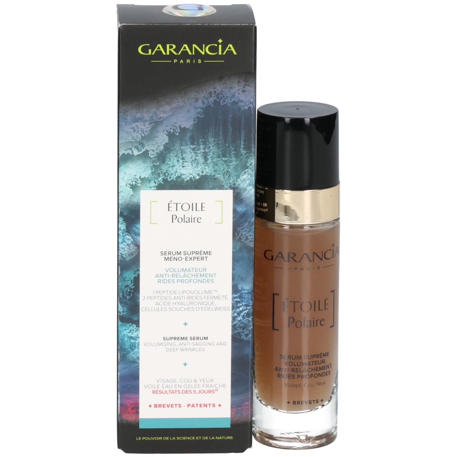 Garancia Etoile Polaire Serum mit Verpackung. Flasche und Karton mit Wellenmuster und Produktinformationen.