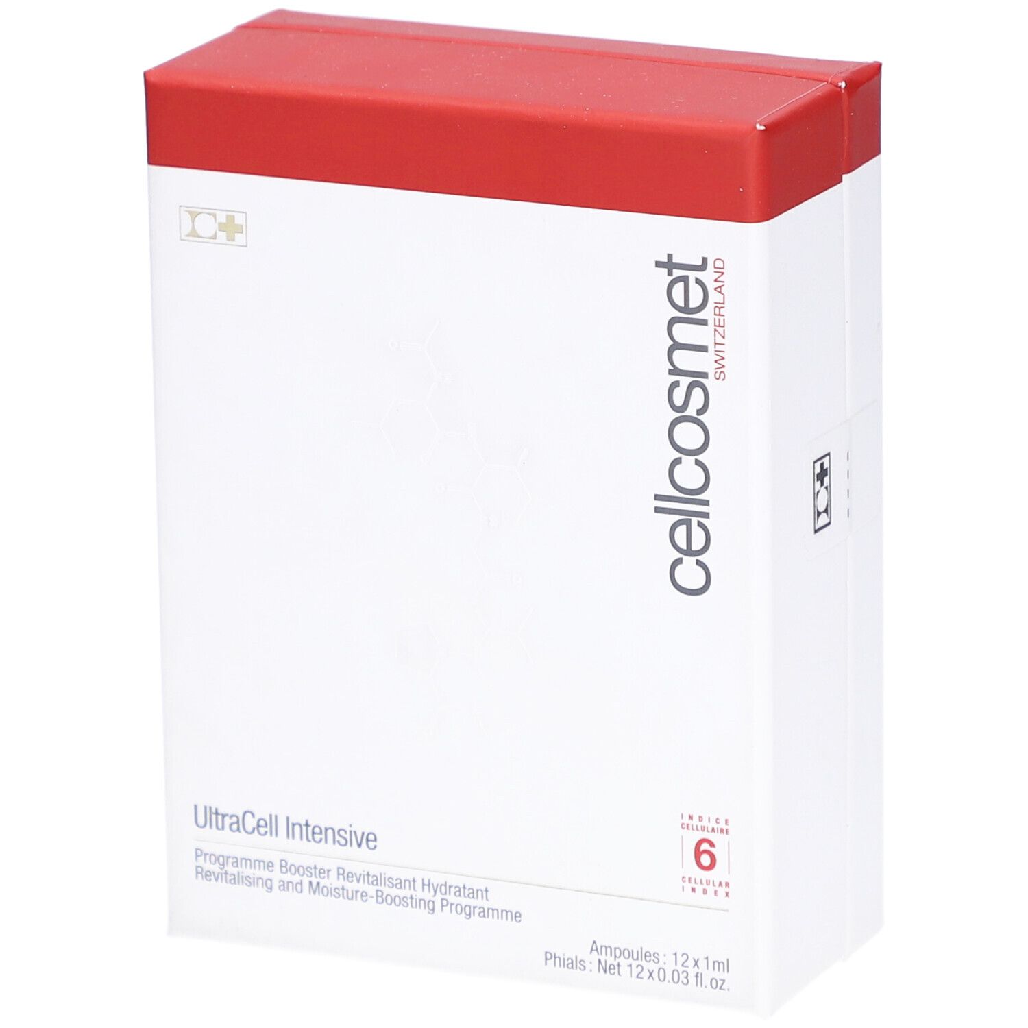 Weiße Verpackung mit rotem Deckel. Cellcosmet-Logo und Produktname UltraCell Intensive. 6 Ampullen.