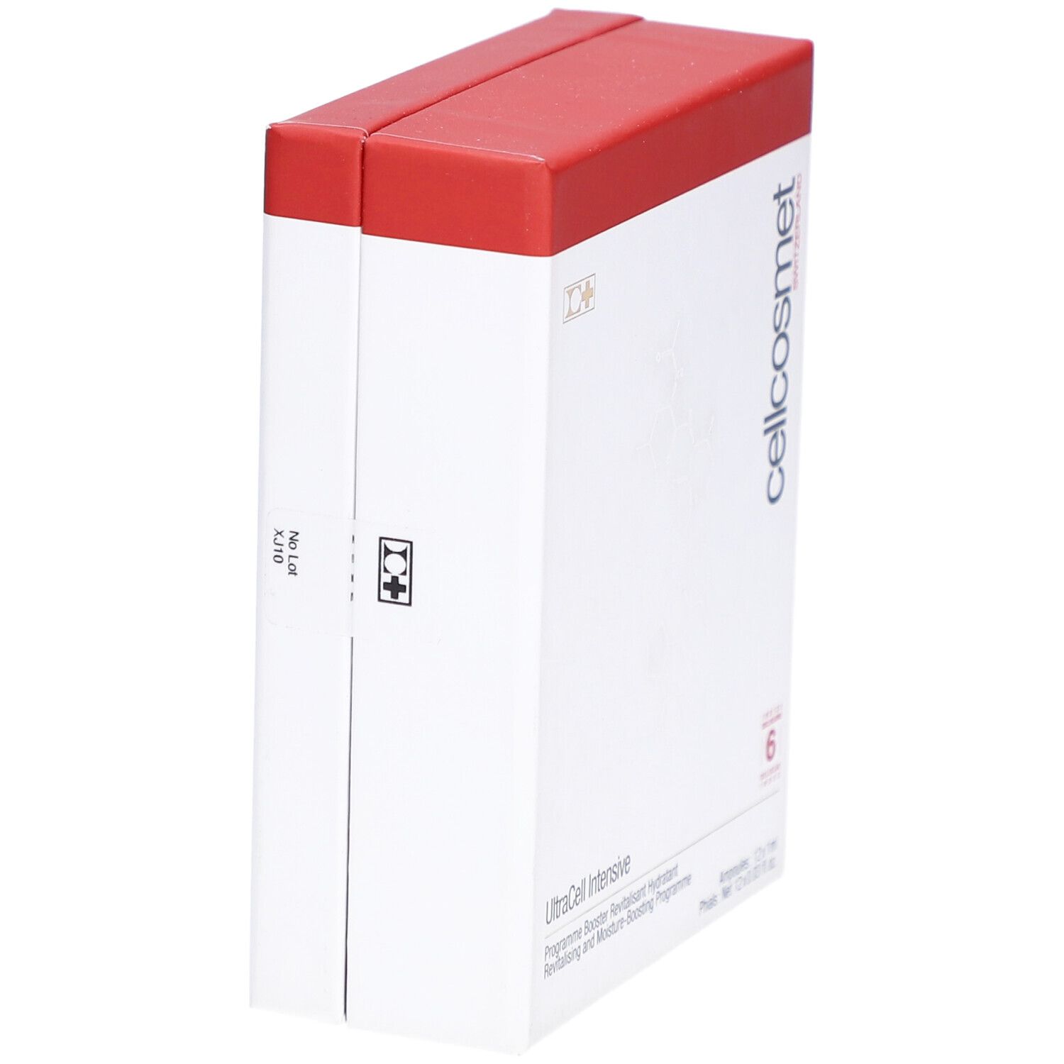 Weiße Verpackung mit rotem Deckel. Cellcosmet-Logo und Produktname UltraCell Intensive. 6 Ampullen.