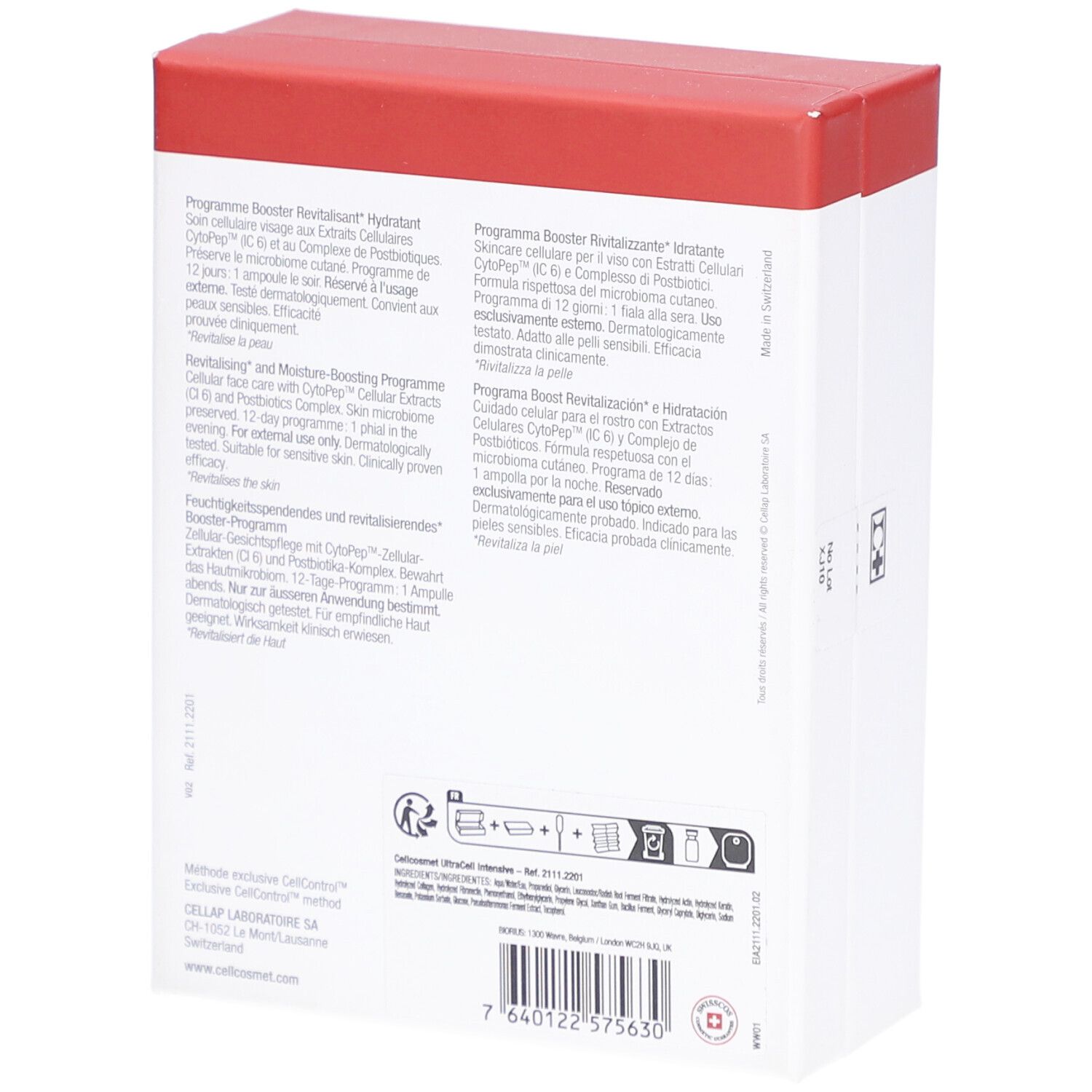 Rückseite der weißen Verpackung mit rotem Deckel. Textinformationen und Logos. 6 Ampullen.