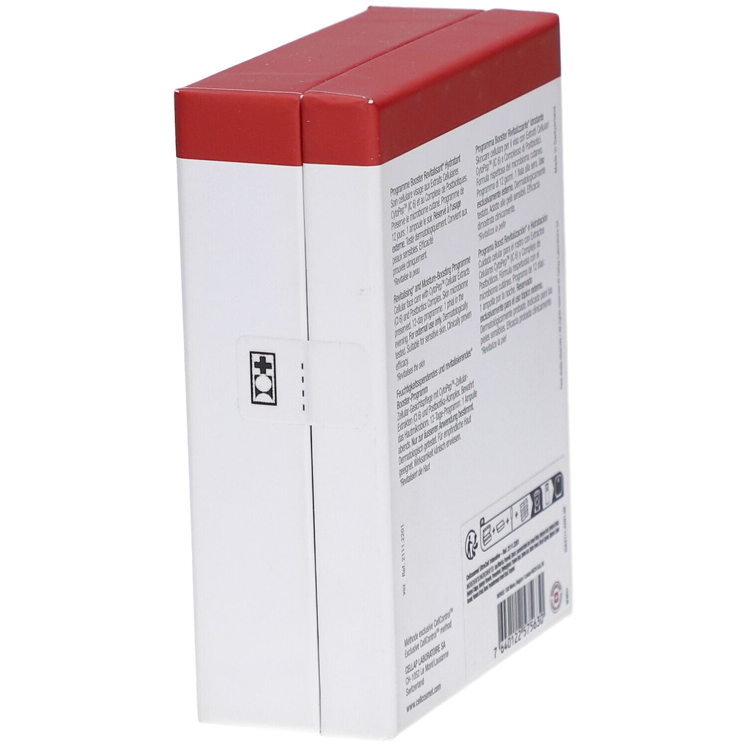 Weiße Verpackung mit rotem Deckel. Textinformationen und Logos. 6 Ampullen.
