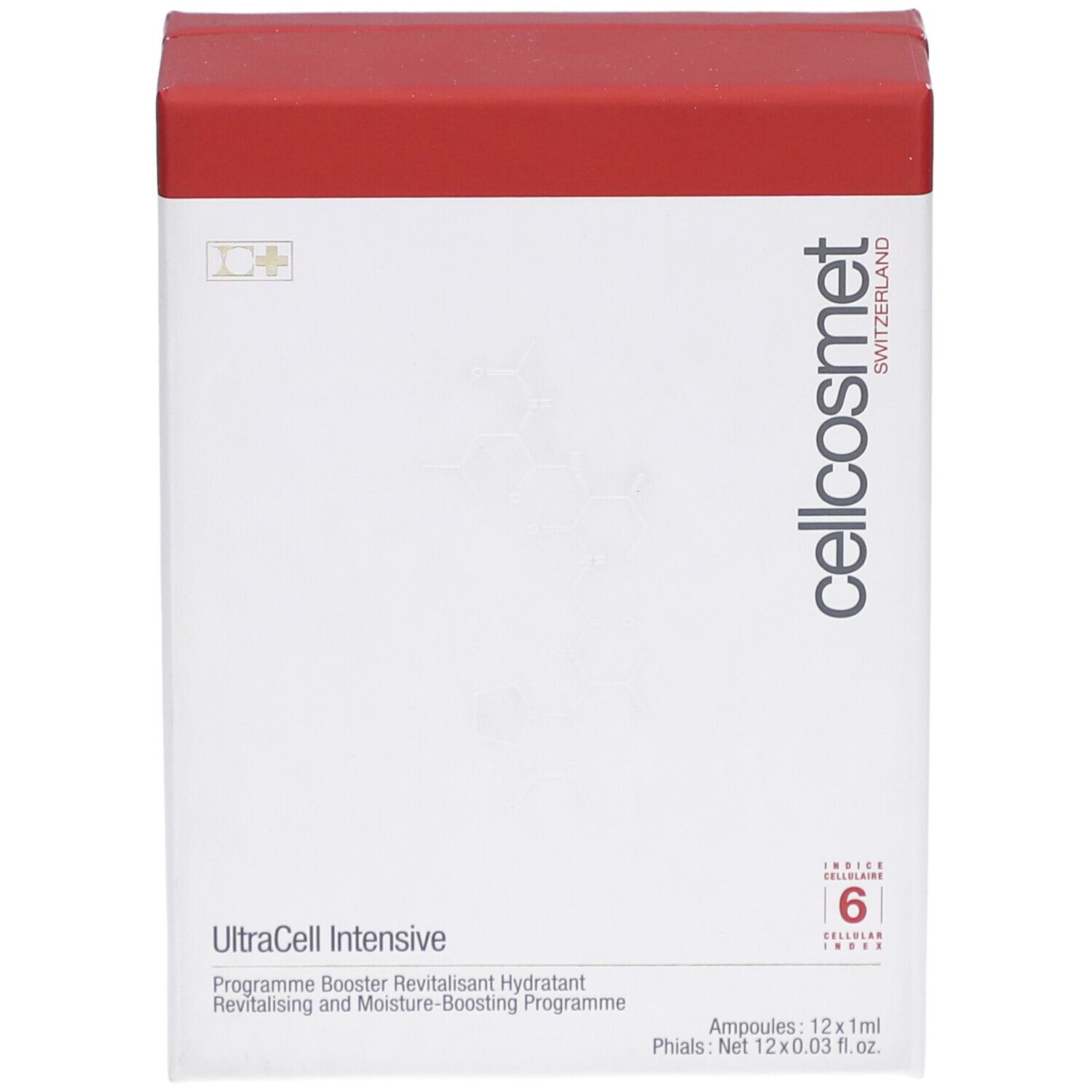 Weiße Verpackung mit rotem Deckel. Cellcosmet-Logo und Produktname UltraCell Intensive. 6 Ampullen.