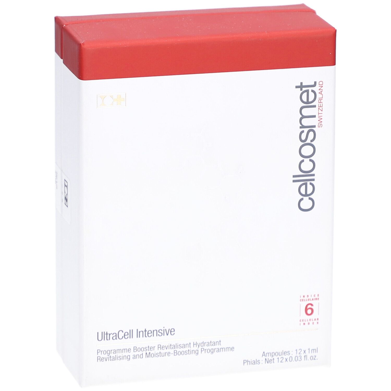 Weiße Verpackung mit rotem Deckel. Cellcosmet-Logo und Produktname UltraCell Intensive. 6 Ampullen.