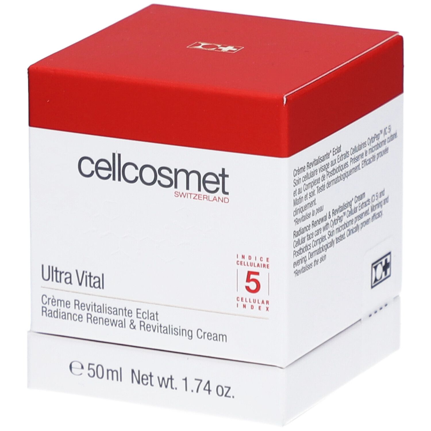 Weiß-rote Schachtel. Cellcosmet Ultra Vital Creme. Text: Crème Revitalisante Eclat, Radiance Renewal & Revitalising Cream. Schweizer Flagge.