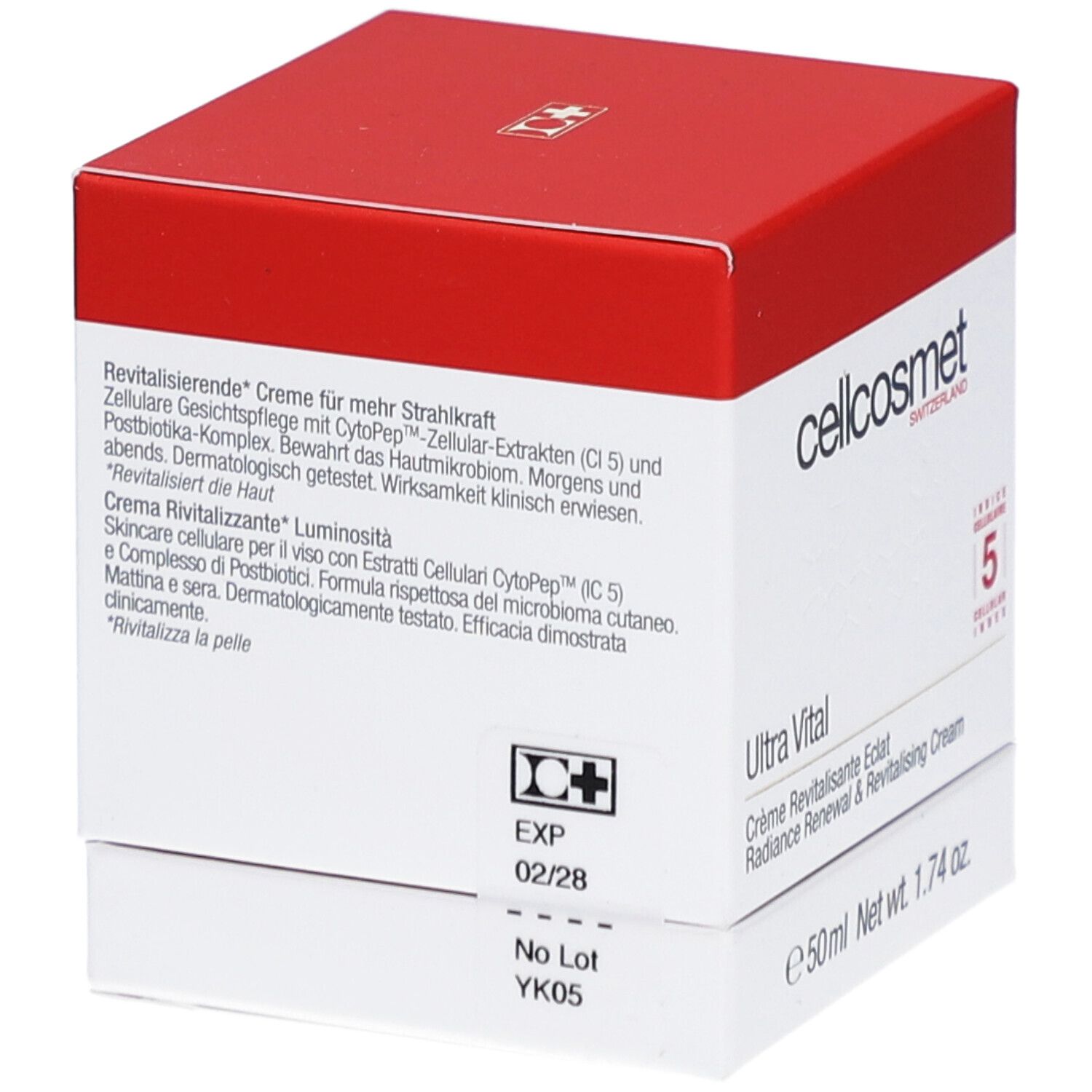 Rückseite der weiß-roten Schachtel. Text: Revitalisierende Creme, CytopPep, Postbiotica-Komplex, Dermatologisch getestet. EXP 02/28.