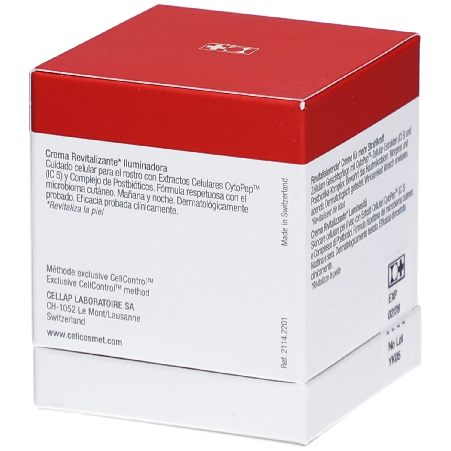 Seite der weiß-roten Schachtel. Text: Crema Revitalizante, CytopPep, Postbiotica-Komplex, Dermatologisch getestet. Made in Switzerland.