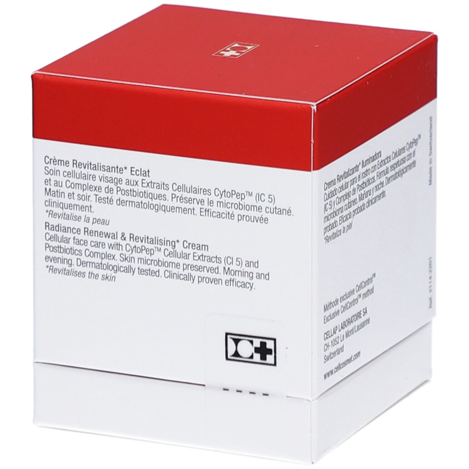 Seite der weiß-roten Schachtel. Text: Crème Revitalisante Eclat, CytopPep, Postbiotica-Komplex, Dermatologisch getestet. Made in Switzerland.