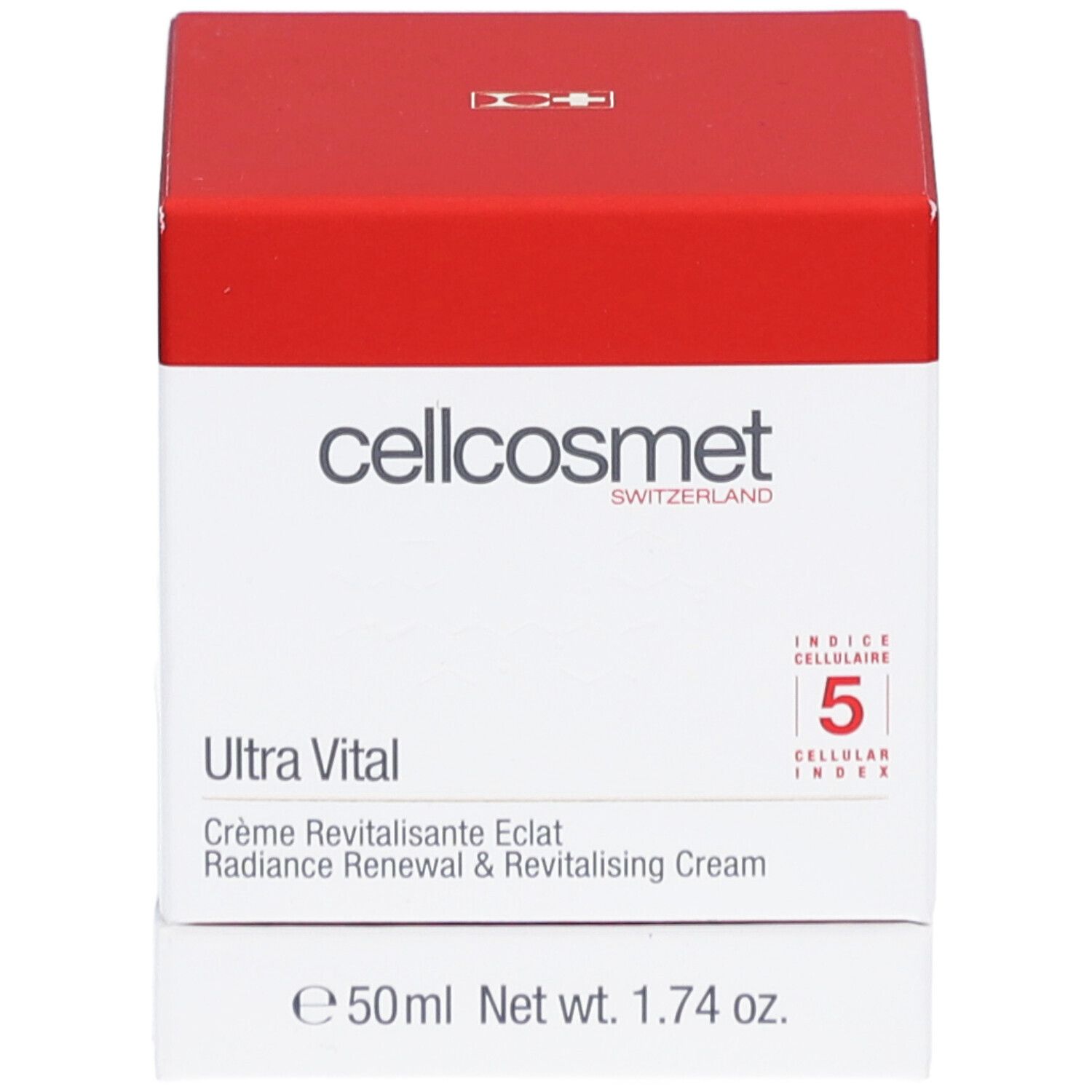 Weiß-rote Schachtel. Cellcosmet Ultra Vital Creme. Text: Crème Revitalisante Eclat, Radiance Renewal & Revitalising Cream. Schweizer Flagge.