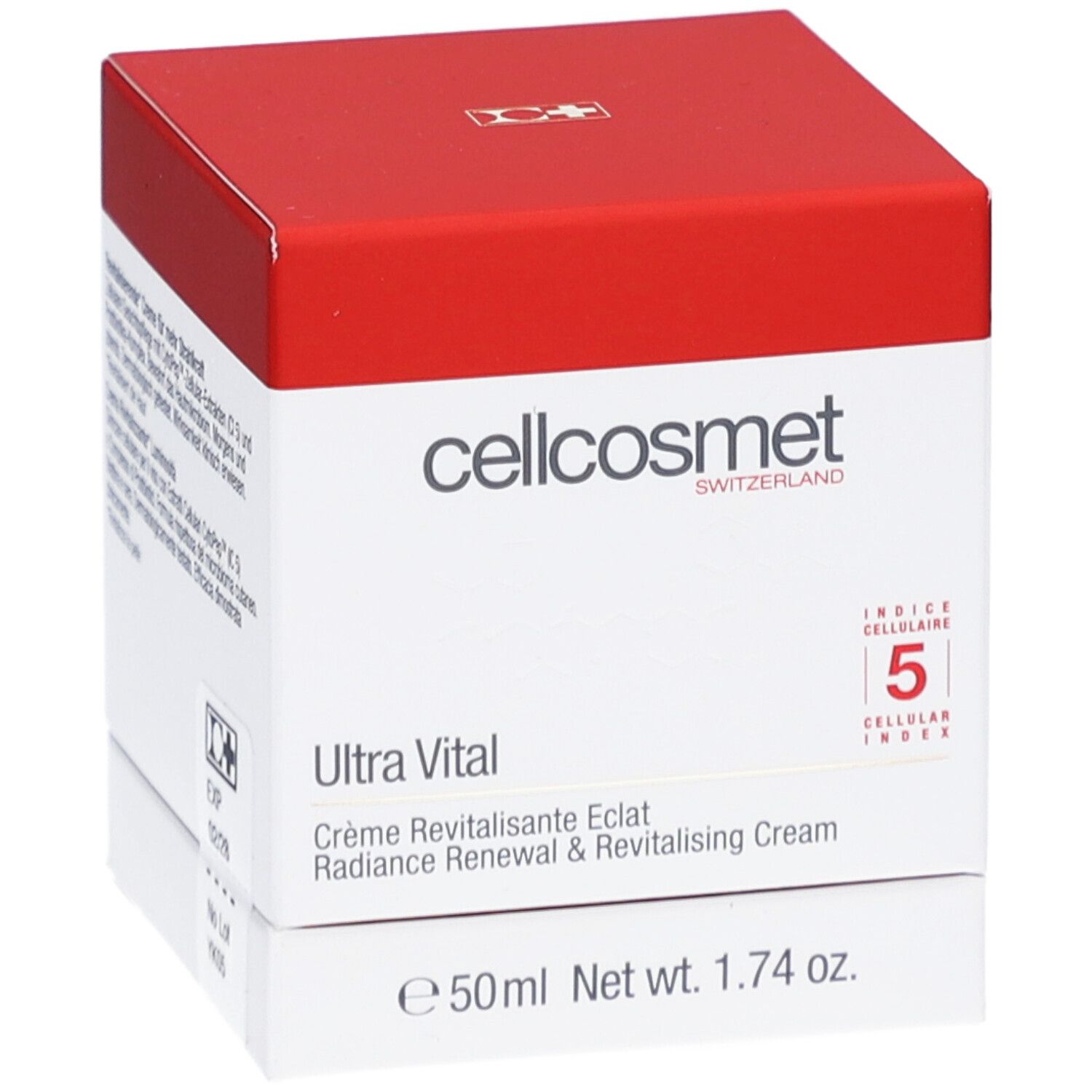 Weiß-rote Schachtel. Cellcosmet Ultra Vital Creme. Text: Crème Revitalisante Eclat, Radiance Renewal & Revitalising Cream. Schweizer Flagge.