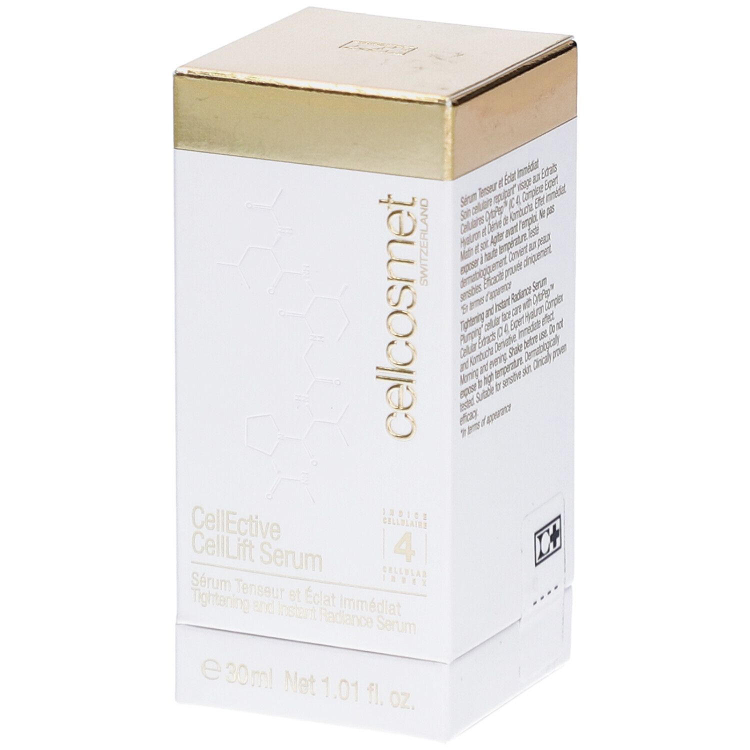 Boîte rectangulaire blanche avec couvercle doré. Logo Cellcosmet et nom du produit CellEctive CellLift Serum.