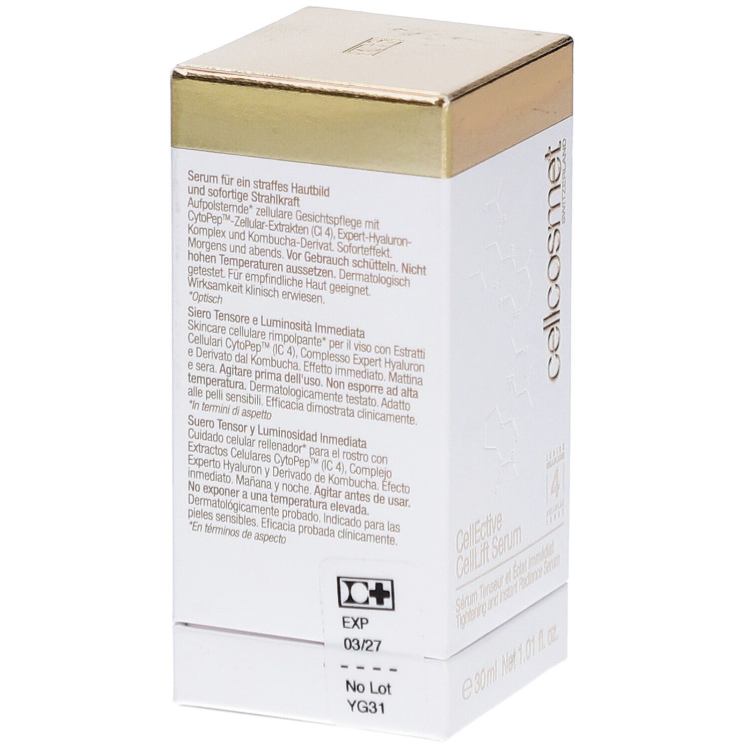 Emballage blanc avec texte. Couvercle doré. Texte en allemand et italien. Contient des informations sur le produit.