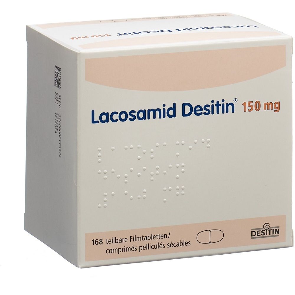 Boîte de LACOSAMID Desitin Filmtabl 150 mg. L'emballage est blanc et rectangulaire, avec texte imprimé.