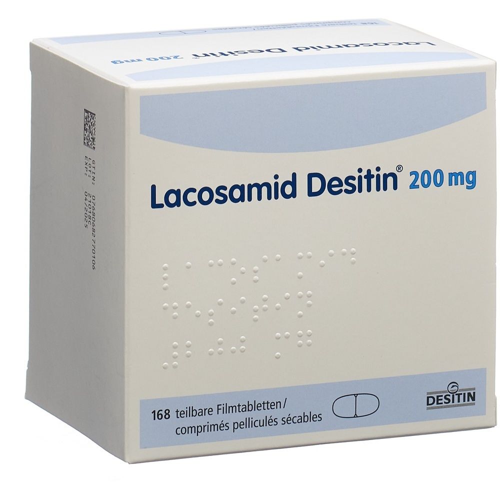 Boîte de comprimés Lacosamid Desitin Filmtabl 200 mg. Forme rectangulaire, couleur claire.