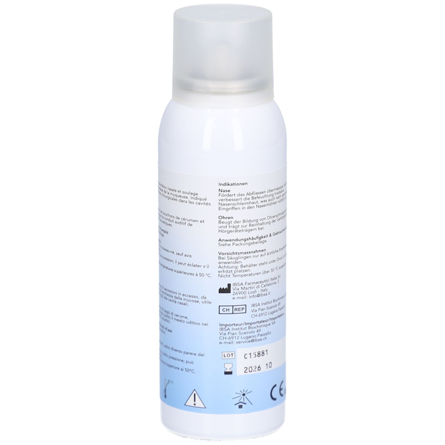 Weiße Flasche mit Sprühkopf. Rückseite mit Produktinformationen. CE-Kennzeichnung.