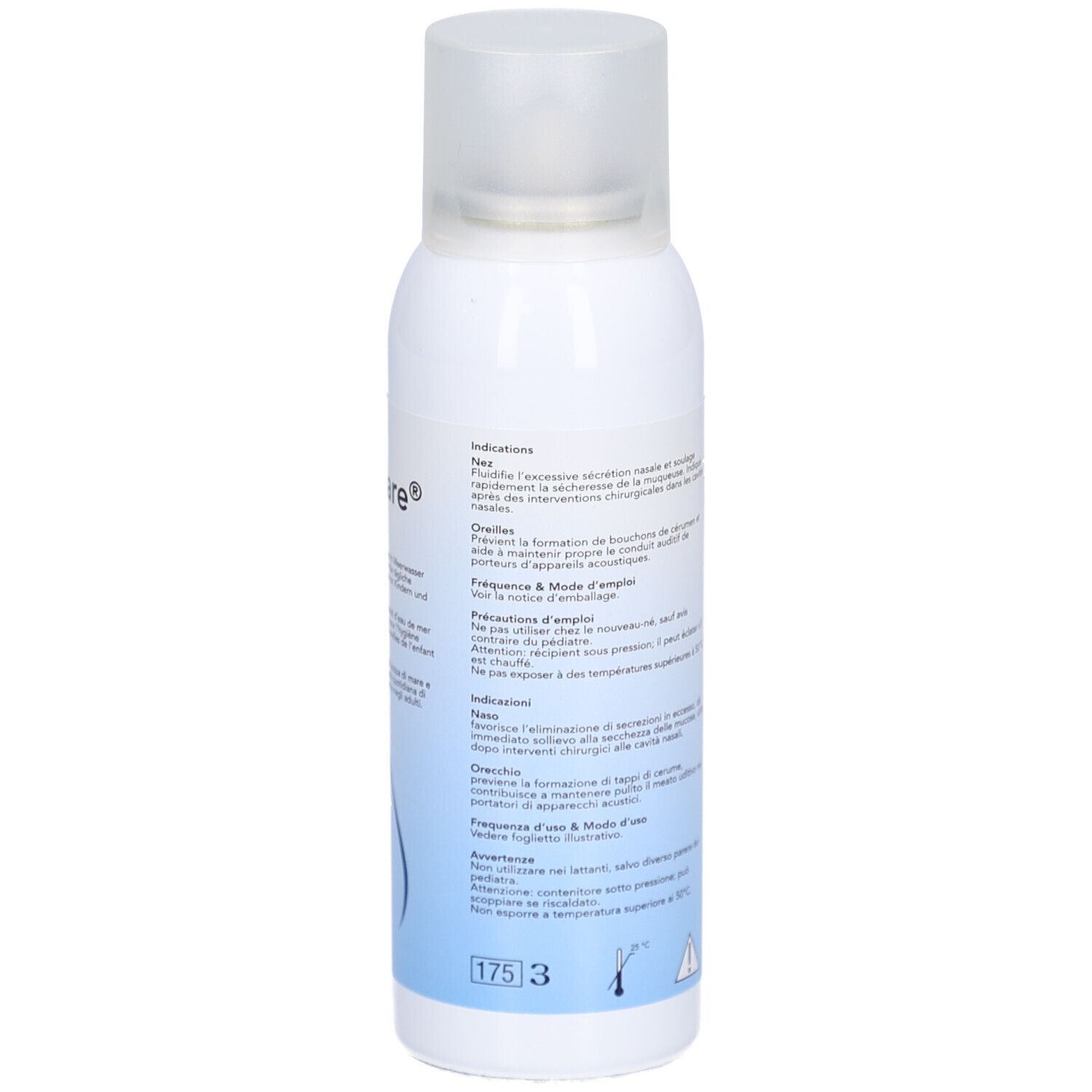 Weiße Flasche mit Sprühkopf. Rückseite mit Produktinformationen. CE-Kennzeichnung.