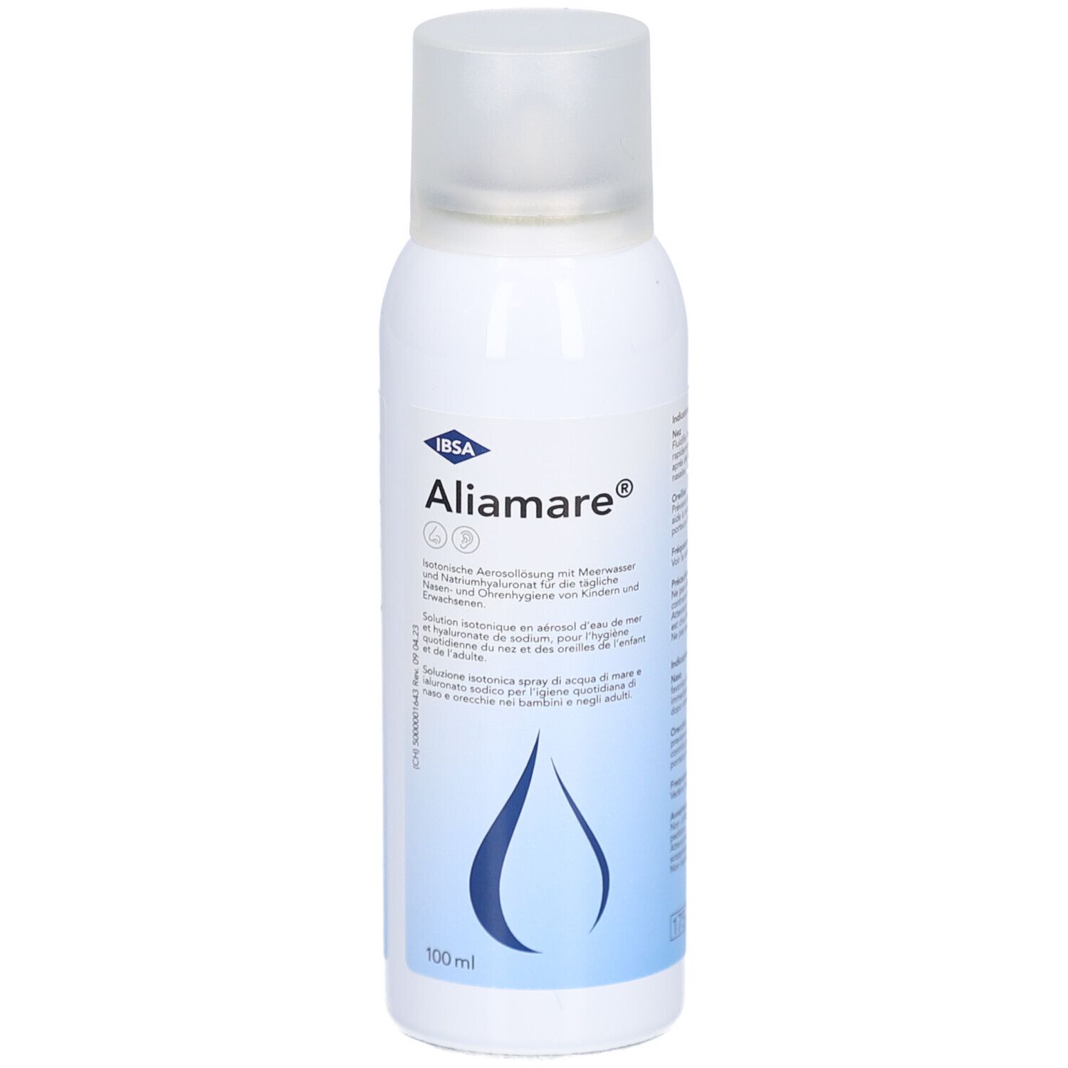 Weiße Flasche mit Sprühkopf. Aufdruck: Aliamare, Logo IBSA, 100 ml.