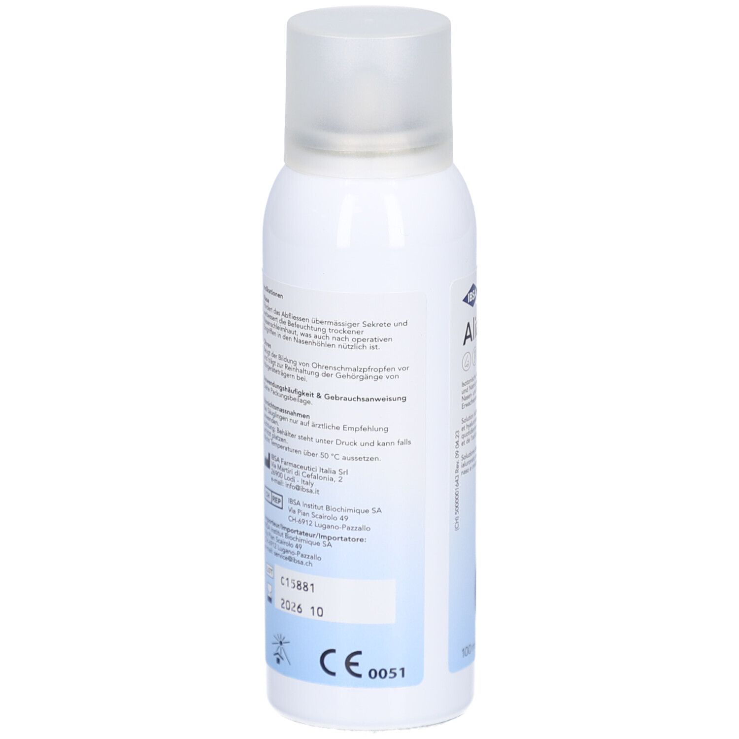 Weiße Flasche mit Sprühkopf. Aufdrucke mit Produktinformationen. CE-Kennzeichnung.