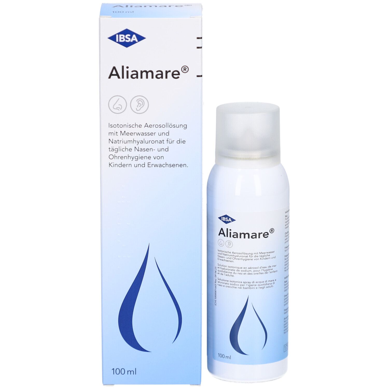 Produktverpackung und Flasche. Karton mit Produktnamen Aliamare. Flasche mit Sprühkopf.