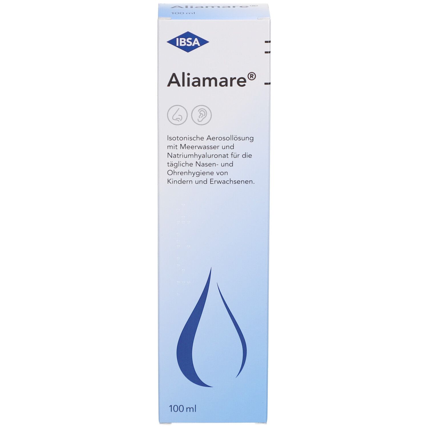 Produktverpackung. Karton mit Produktnamen Aliamare. Logo IBSA, 100 ml.