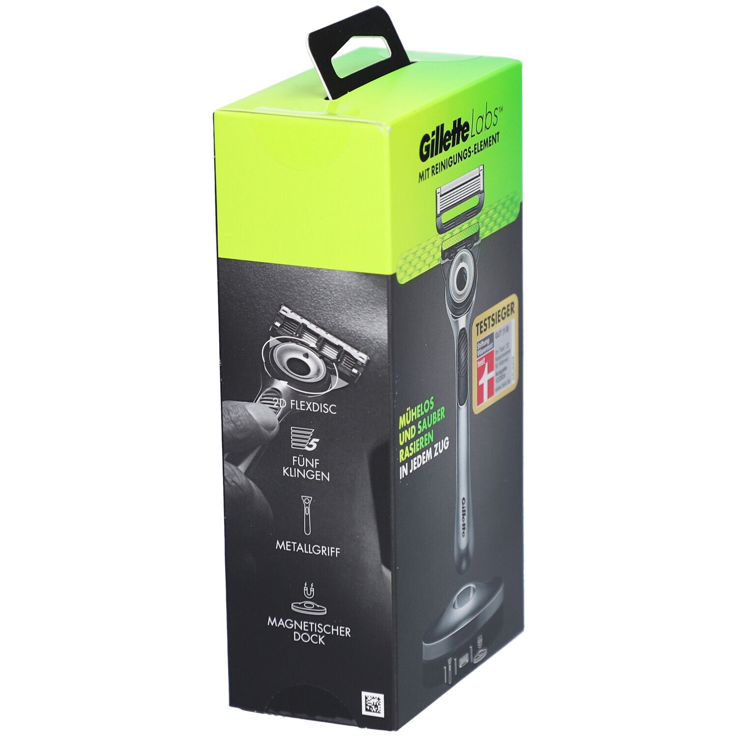 Gillette Labs Rasierer-Verpackung. Box mit Rasierer-Illustrationen und Text. Magnetischer Dock, 5 Klingen.