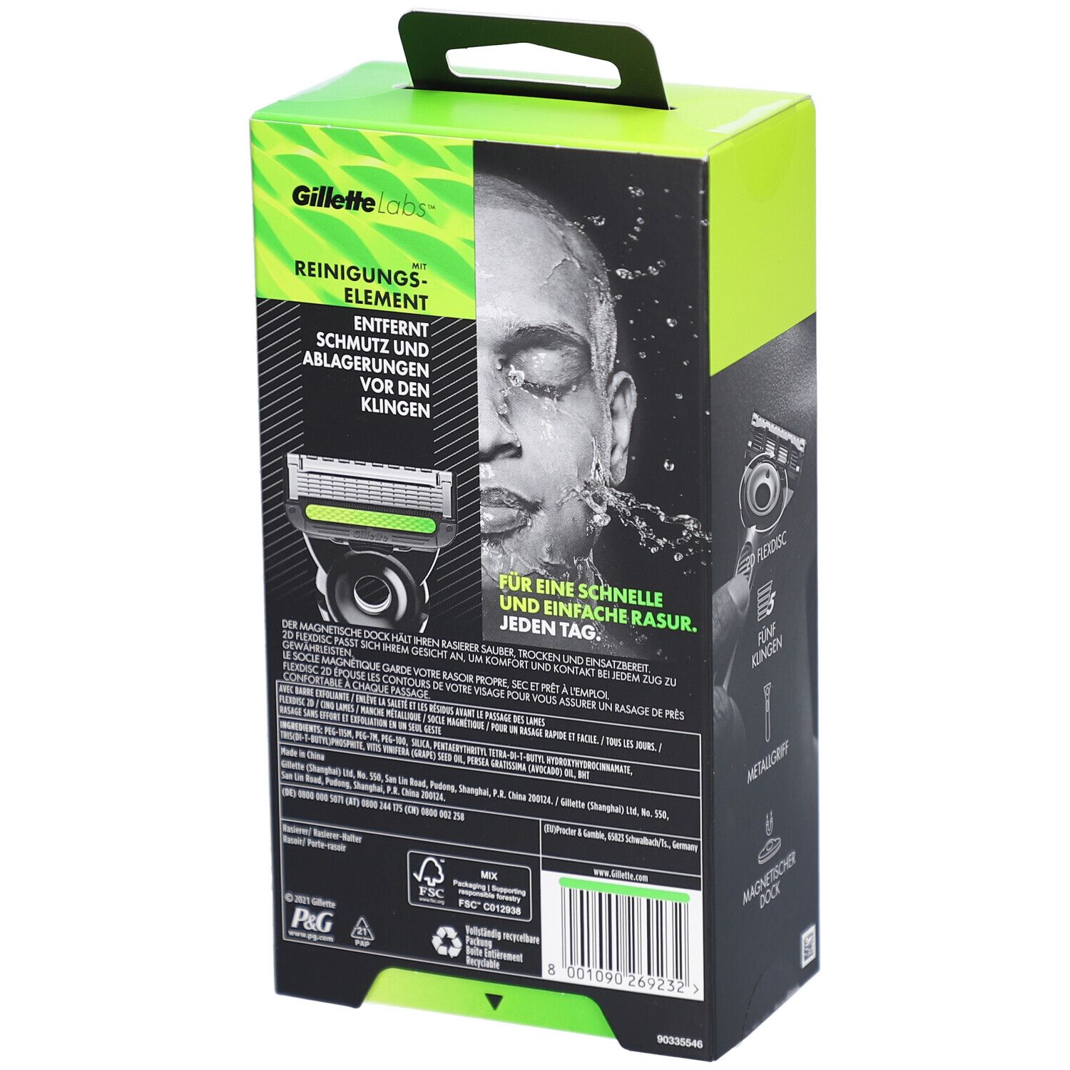 Rückseite der Gillette Labs Verpackung. Text und Illustrationen. Reinigungs-Element, für schnelle Rasur.