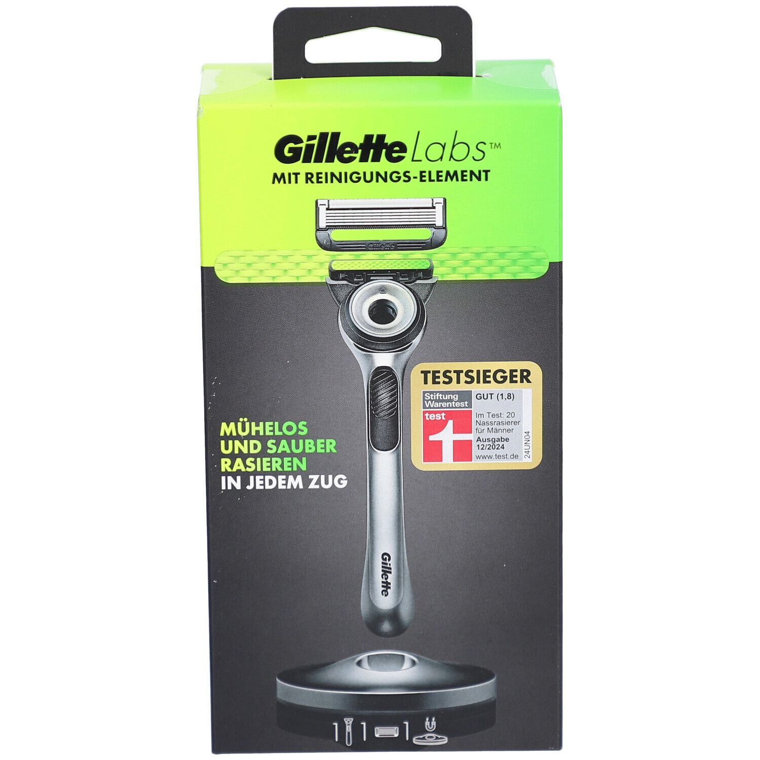 Gillette Labs Rasierer in Verpackung. Grün-schwarze Box mit Rasierer, Halterung und Logo. Test-Siegel.