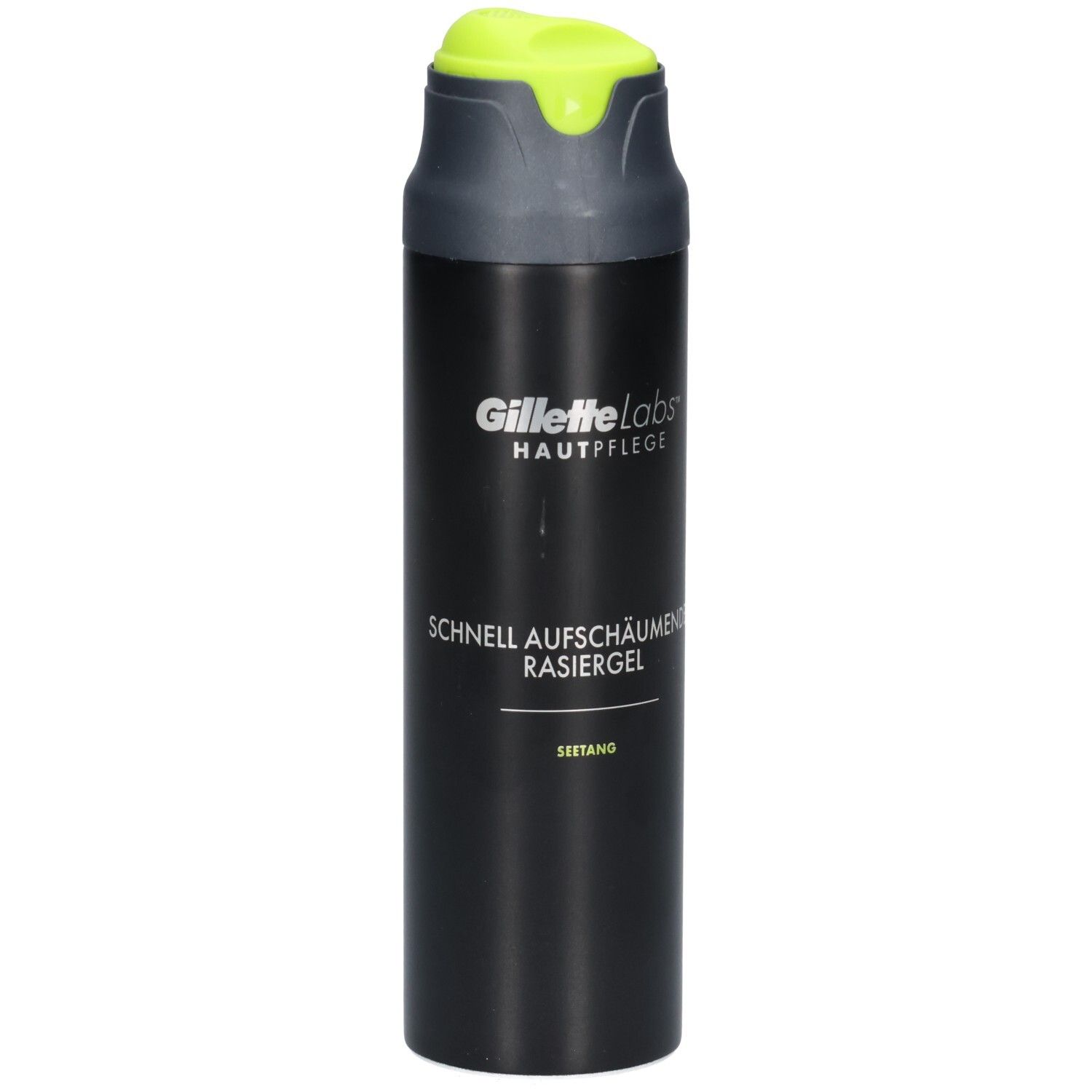 Bombe noire avec bouchon gris et tête de pulvérisation vert néon. Inscription: Gillette Labs, Soin de la peau, Gel à raser.