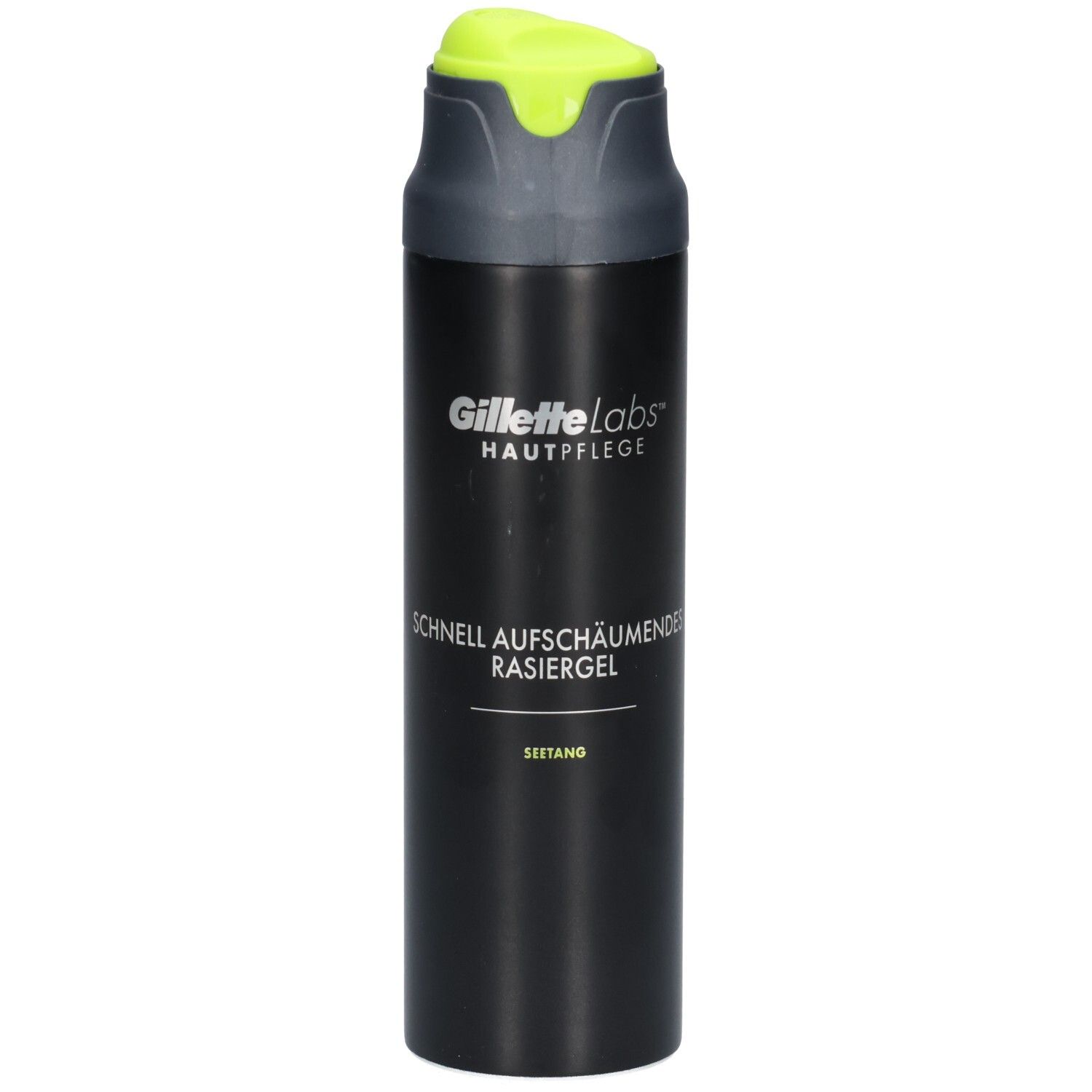 Bombe noire avec bouchon gris et tête de pulvérisation vert néon. Inscription: Gillette Labs, Soin de la peau, Gel à raser.