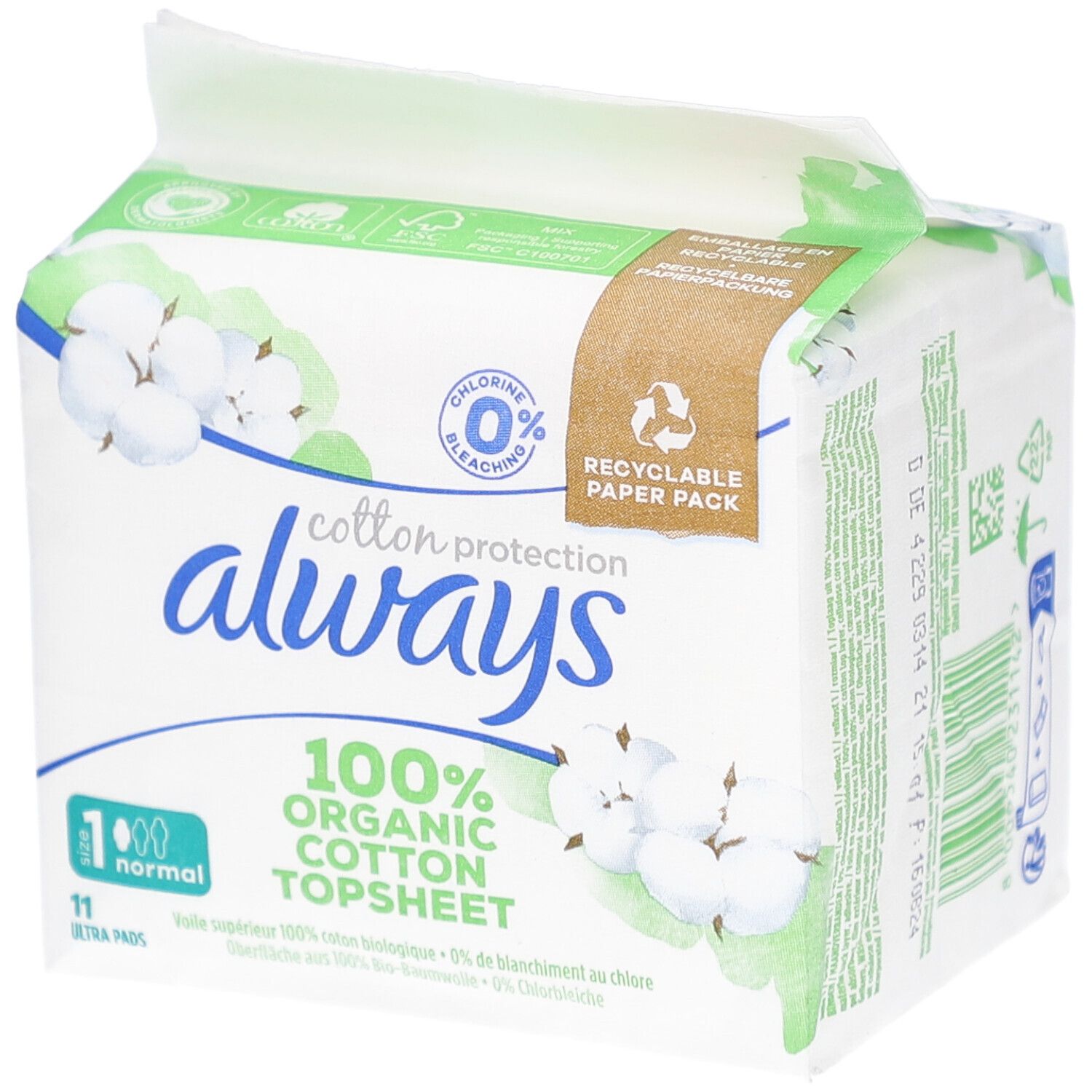 Verpackung ALWAYS Cotton Protection Damenbinden. 100% Bio-Baumwolle. 11 Stück. Grüne und weiße Verpackung mit Logo und Produktinformationen.