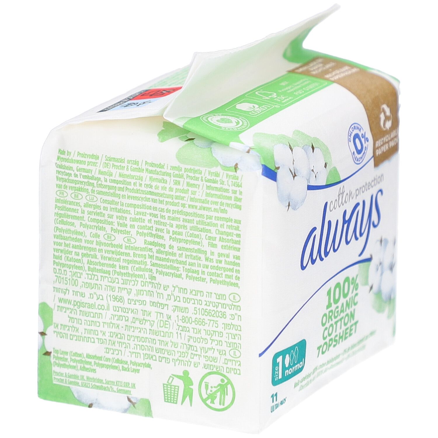 Verpackung ALWAYS Cotton Protection. Rückseite mit Produktinformationen in verschiedenen Sprachen. 100% Bio-Baumwolle.