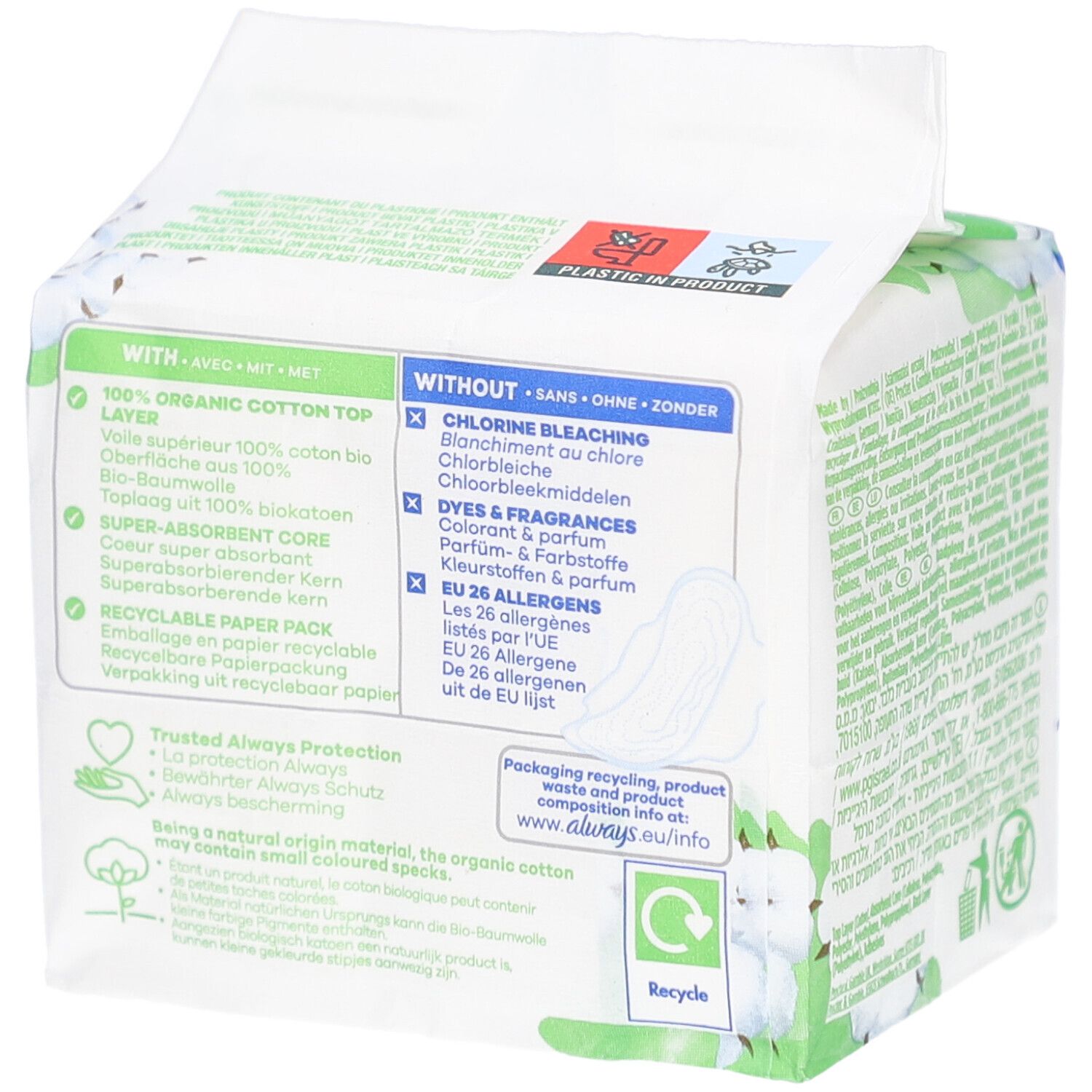 Rückseite der ALWAYS Cotton Protection Verpackung. Text mit Produktinformationen, Inhaltsstoffen und Zertifizierungen. Recycelbar.