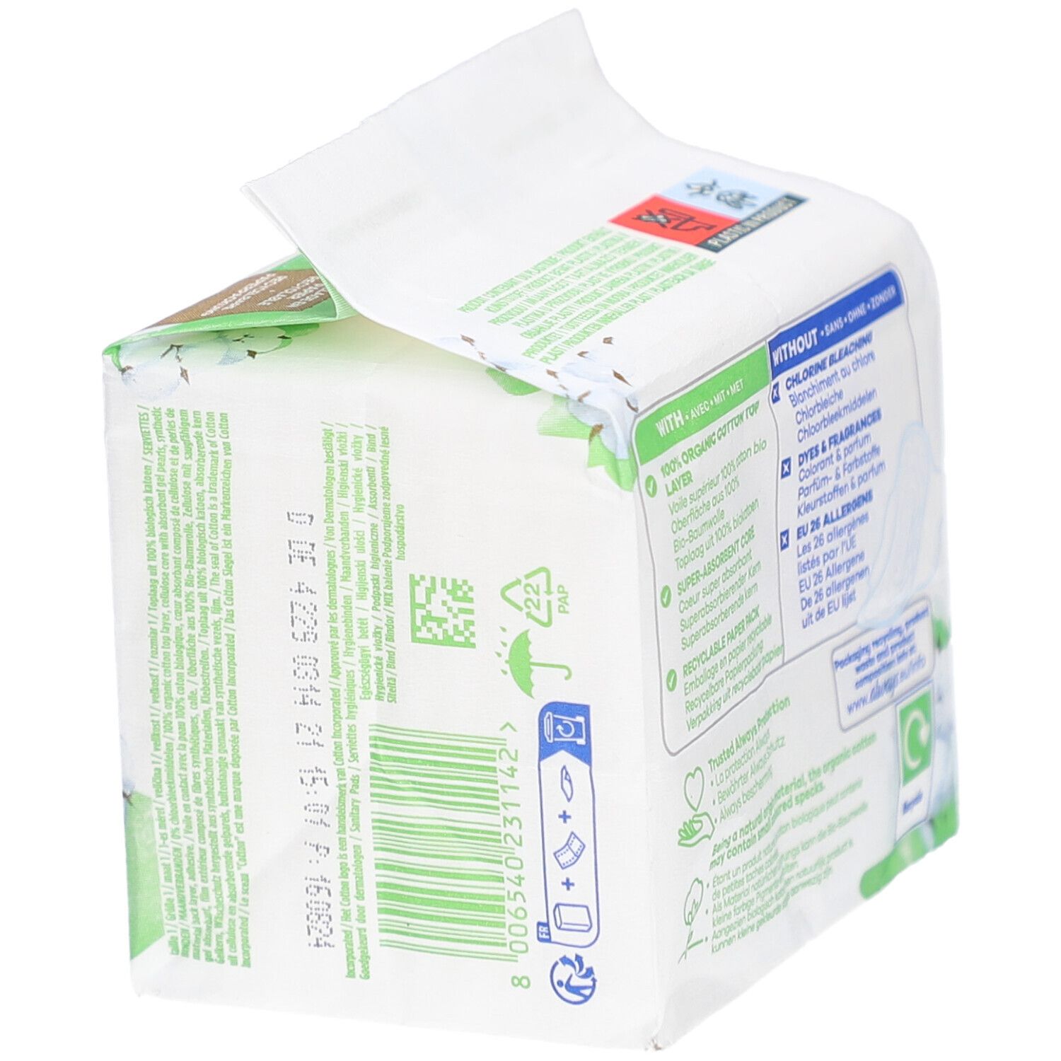 Seitenansicht der ALWAYS Cotton Protection Verpackung. Text mit Produktinformationen und Barcode. Grüne und weiße Verpackung.