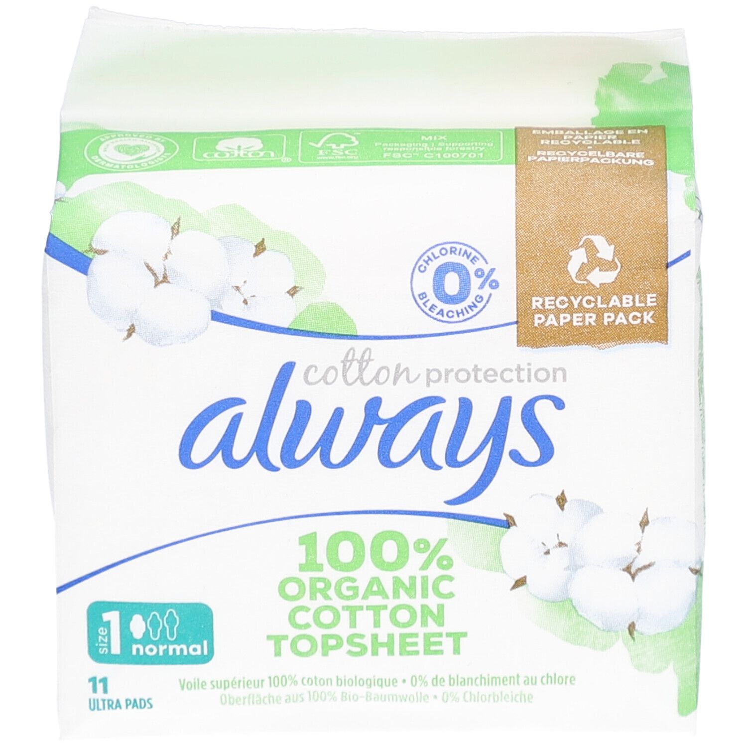 ALWAYS Cotton Protection Damenbinden Verpackung. 100% Bio-Baumwolle. 11 Stück. Grüne und weiße Verpackung mit Logo und Text.