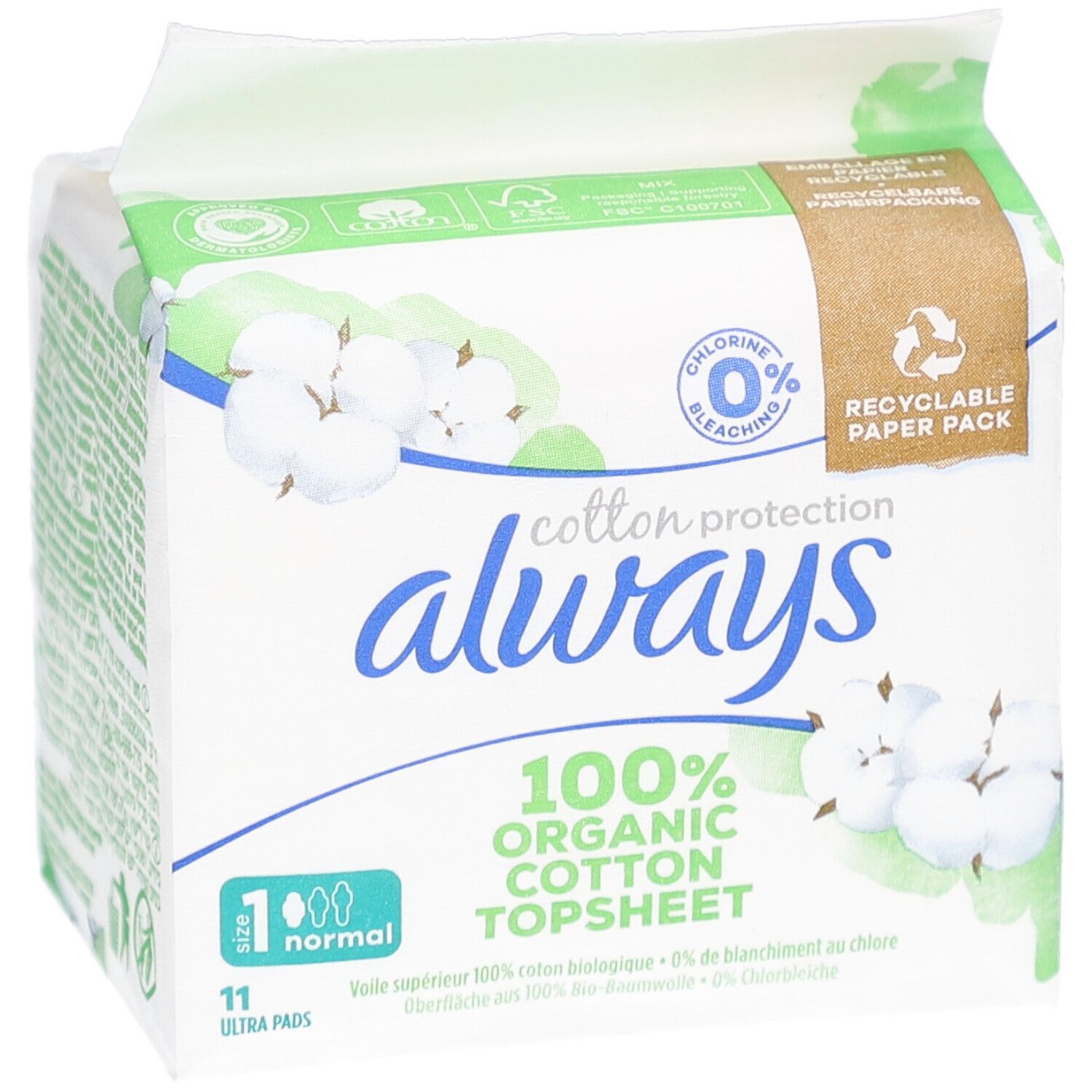 ALWAYS Cotton Protection Damenbinden Verpackung. 100% Bio-Baumwolle. 11 Stück. Grüne und weiße Verpackung mit Logo und Text.