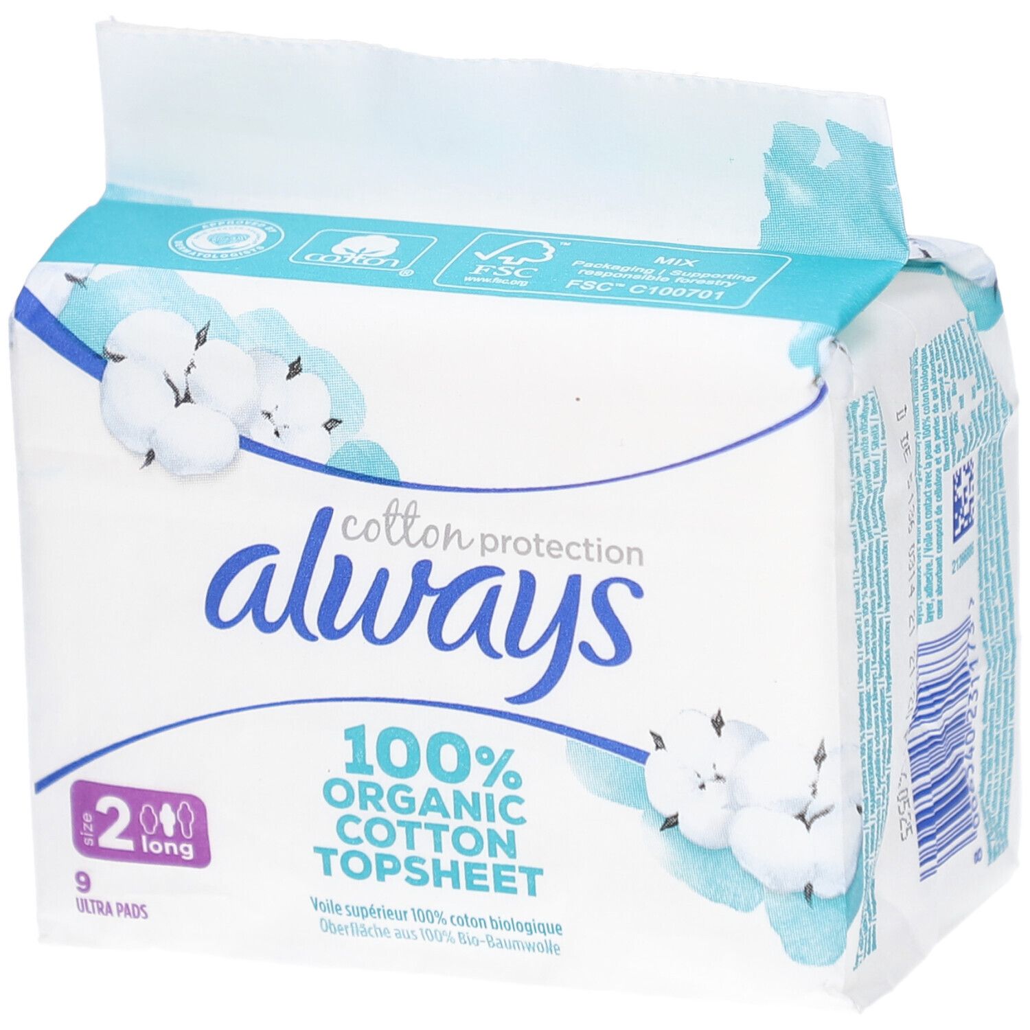 Always Cotton Protection, Packung mit 9 Ultra Pads, Größe 2 Long. 100% Bio-Baumwolle. Verpackung mit floralem Design.