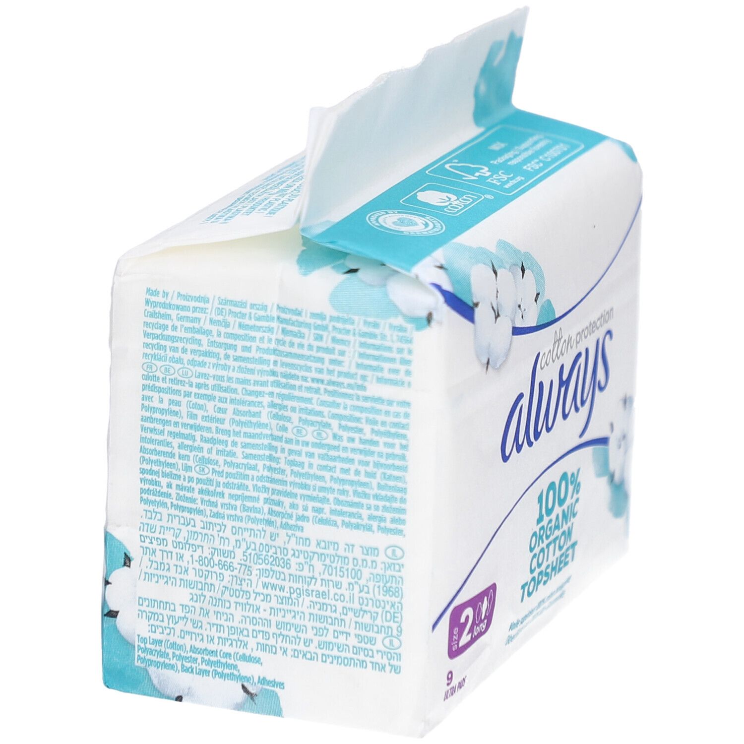 Always Cotton Protection, Packung. Seitenansicht mit Text. 100% Bio-Baumwolle. Verpackungsinformationen in verschiedenen Sprachen.