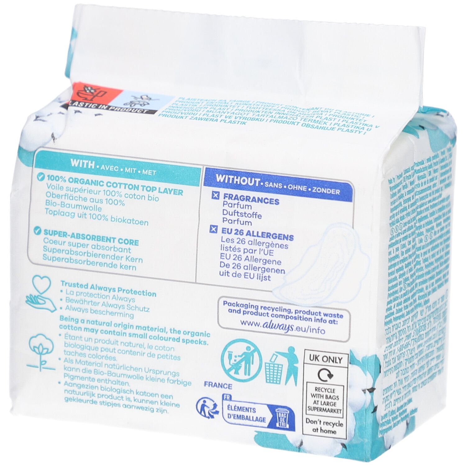 Rückseite der Always Cotton Protection Packung. Textabschnitte zu Inhaltsstoffen und Zertifizierungen. Recycling-Symbole.