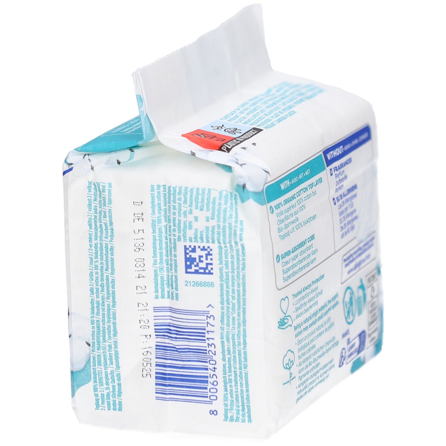 Rückseite der Always Cotton Protection Packung. Barcode und Text. Informationen zu Inhaltsstoffen und Recycling.