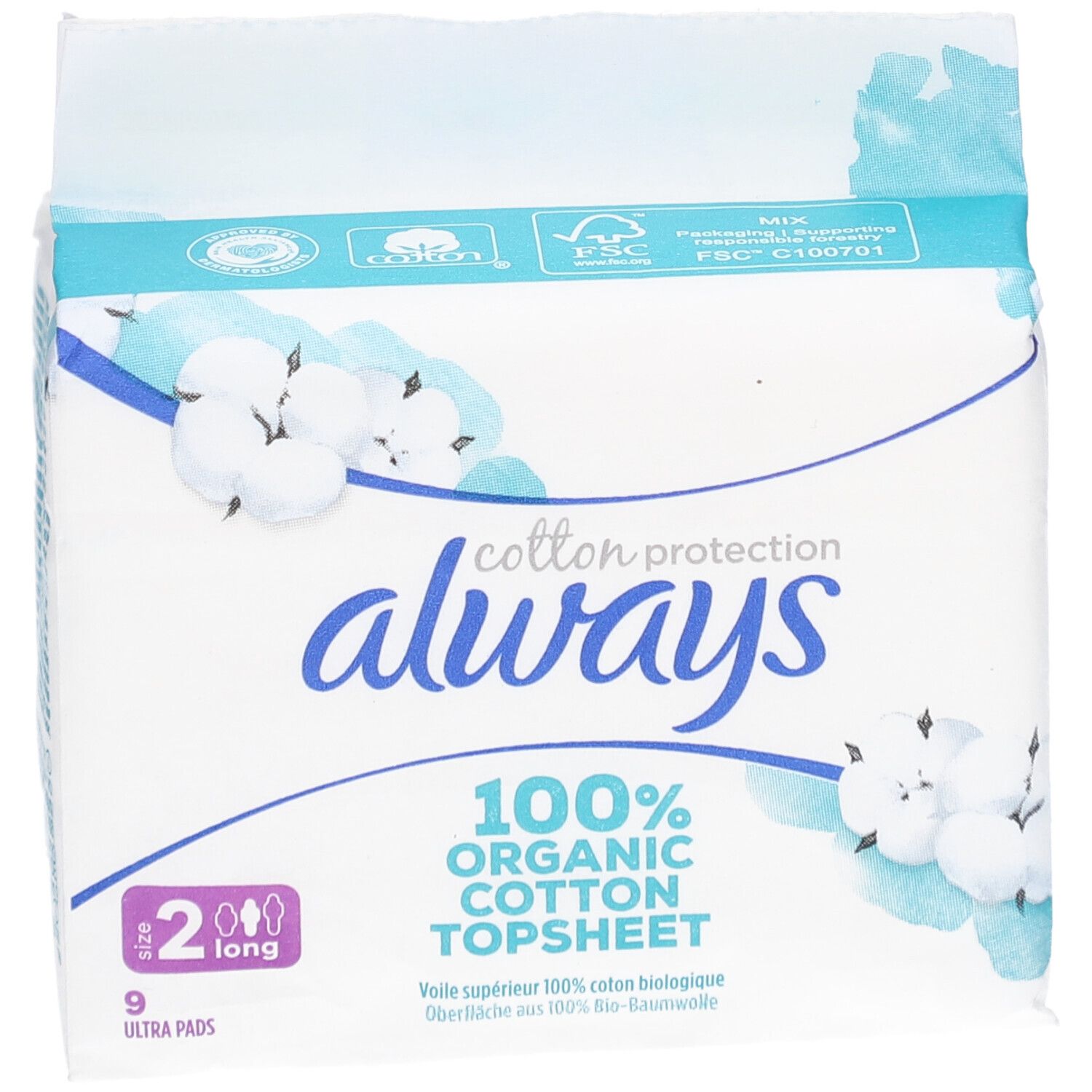 Always Cotton Protection, Packung mit 9 Ultra Pads, Größe 2 Long. 100% Bio-Baumwolle. Verpackung mit floralem Design.