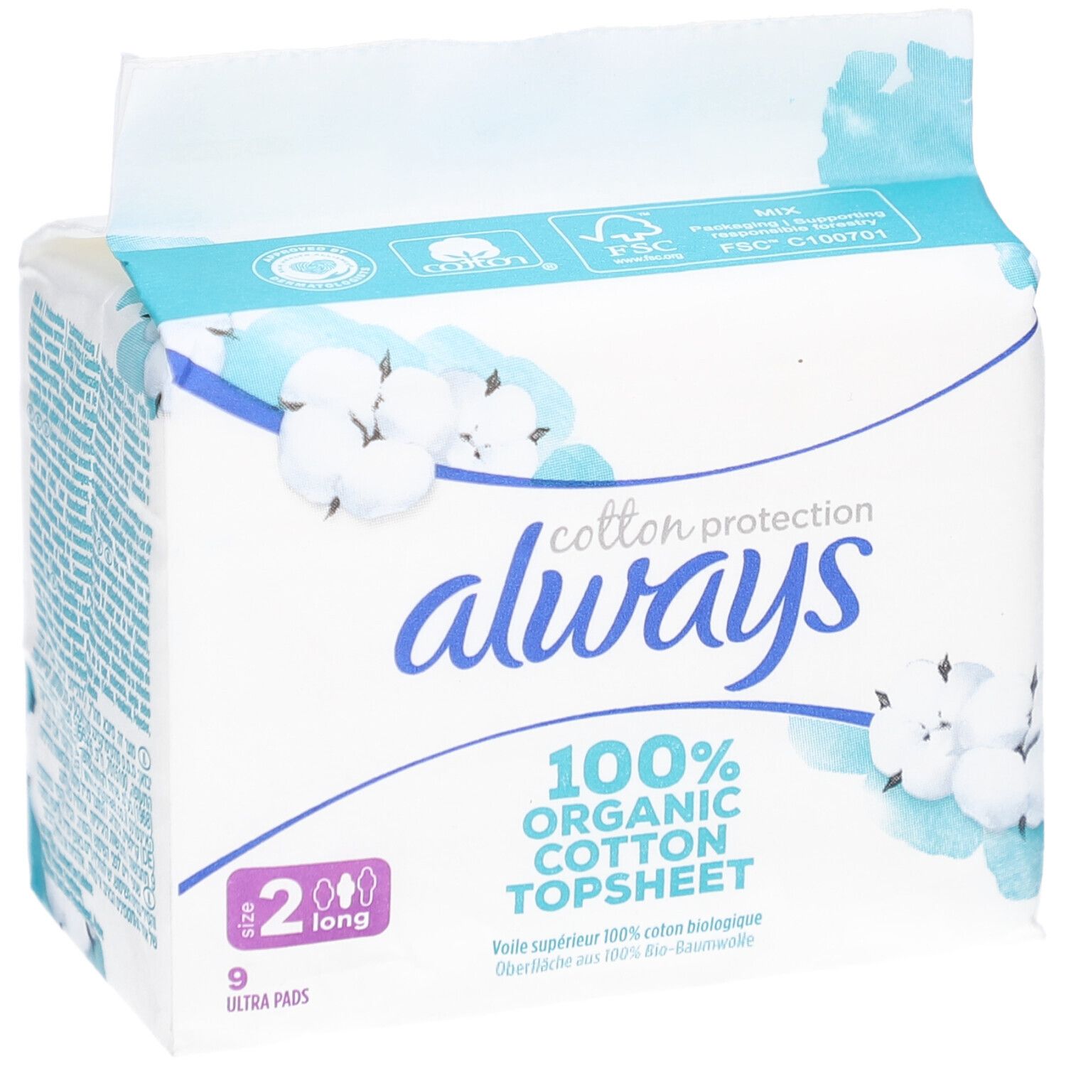 Always Cotton Protection, Packung mit 9 Ultra Pads, Größe 2 Long. 100% Bio-Baumwolle. Verpackung mit floralem Design.