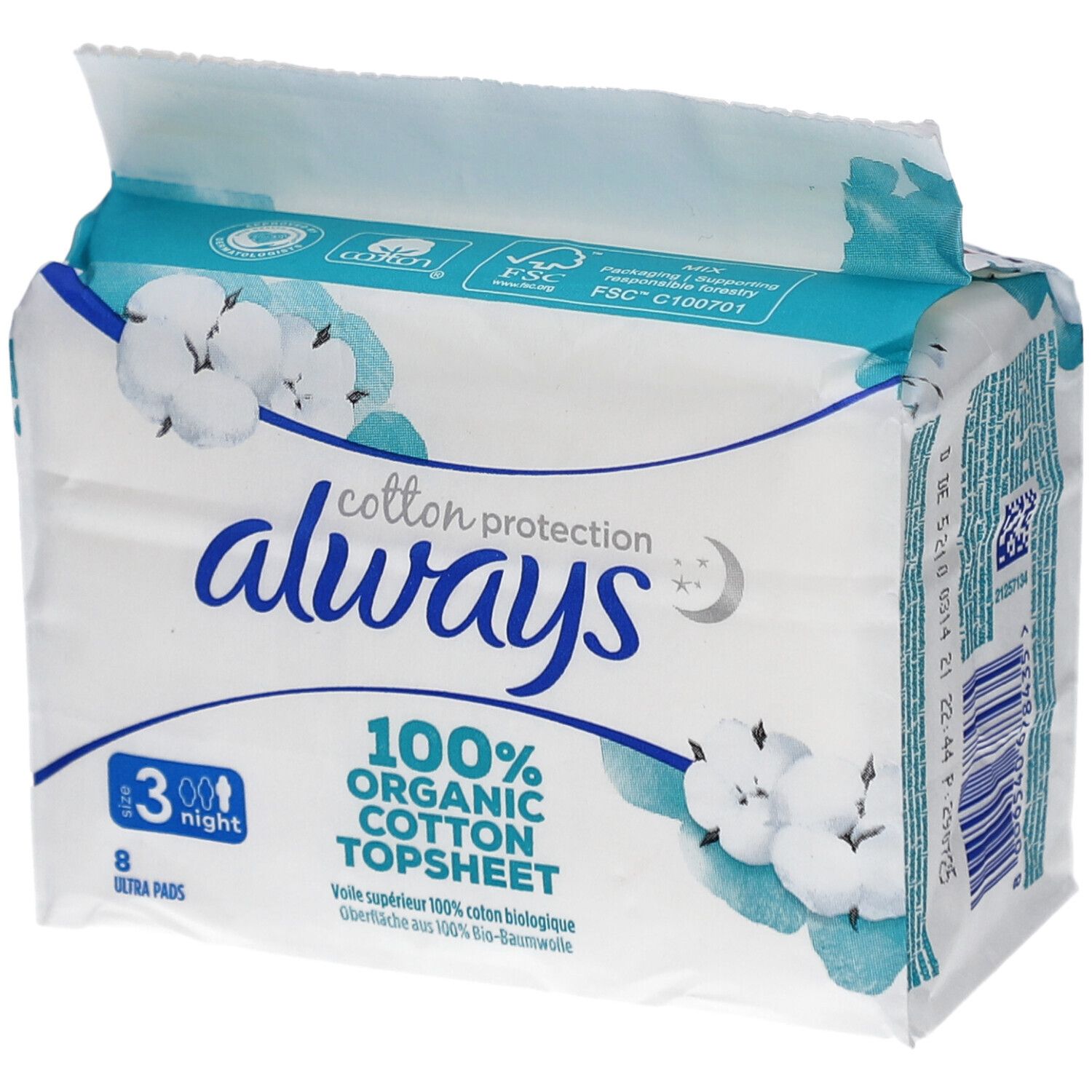 Verpackung ALWAYS Ultra Binde. Baumwollschutz, 8 Ultra Pads, Nacht. FSC-Zertifizierung. 100% Bio-Baumwolle.