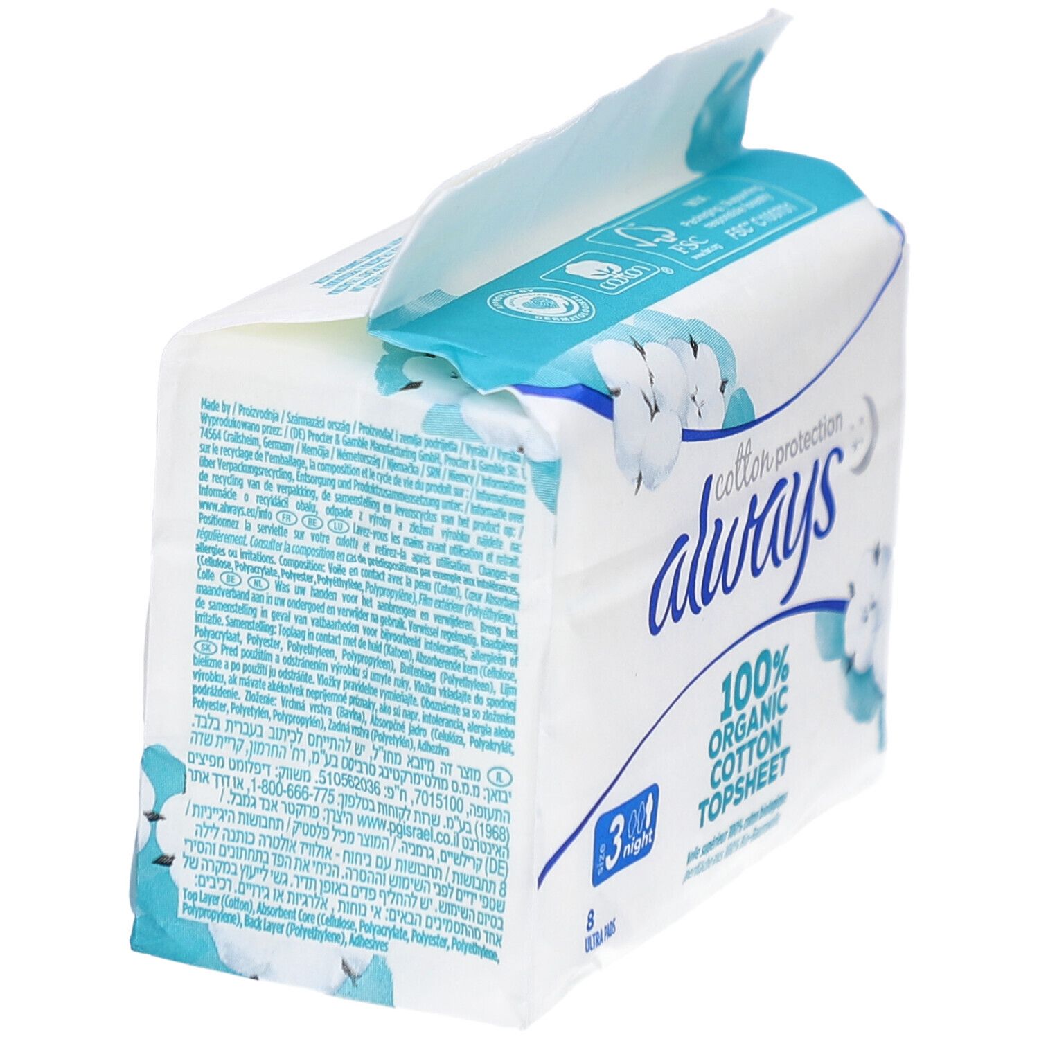 ALWAYS Ultra Binde Verpackung, Seitenansicht. Baumwollschutz, 8 Ultra Pads. Text auf Verpackung, FSC-Zertifizierung.