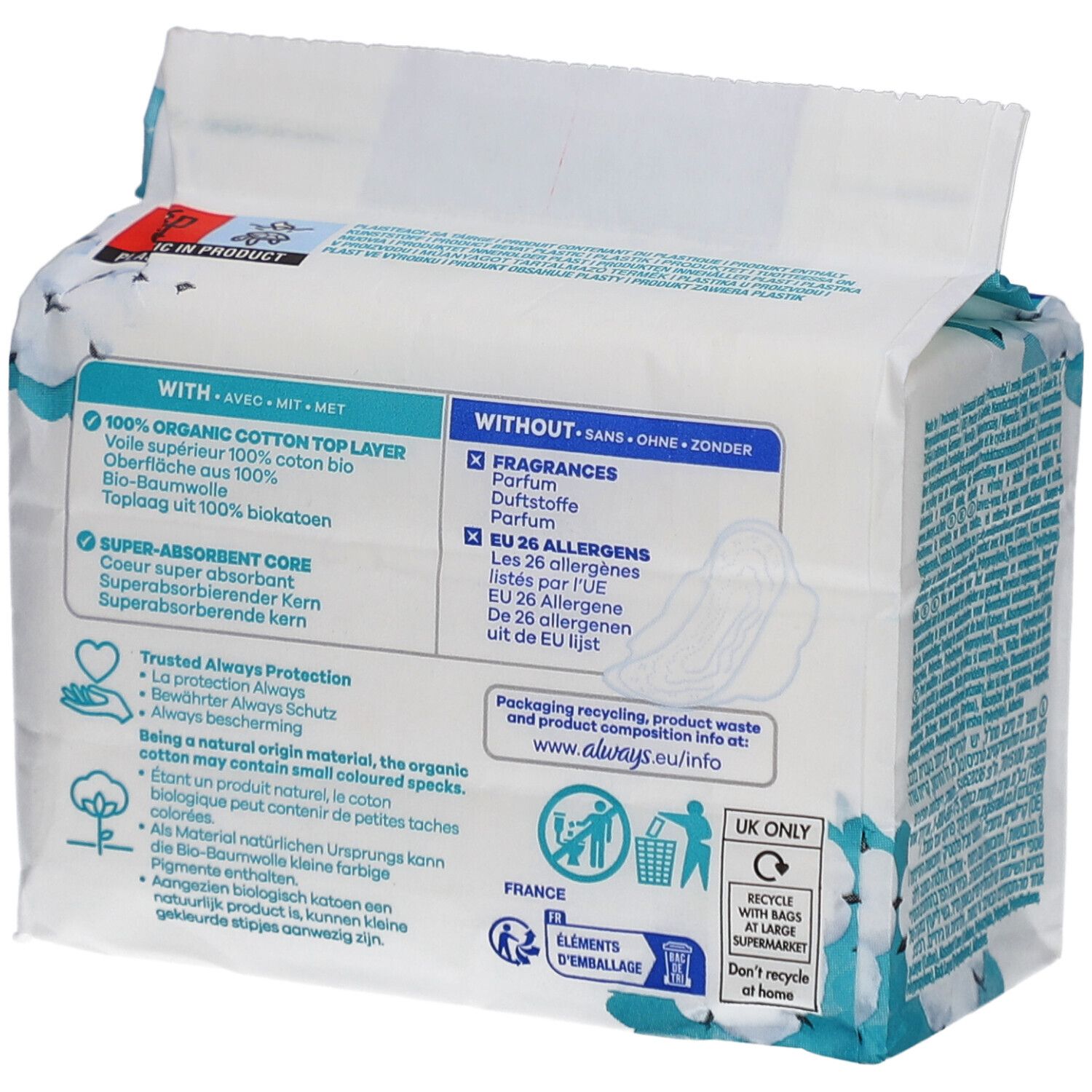 Rückseite der ALWAYS Ultra Binde Verpackung. Informationen zu Inhaltsstoffen, Recycling und Zertifizierungen.