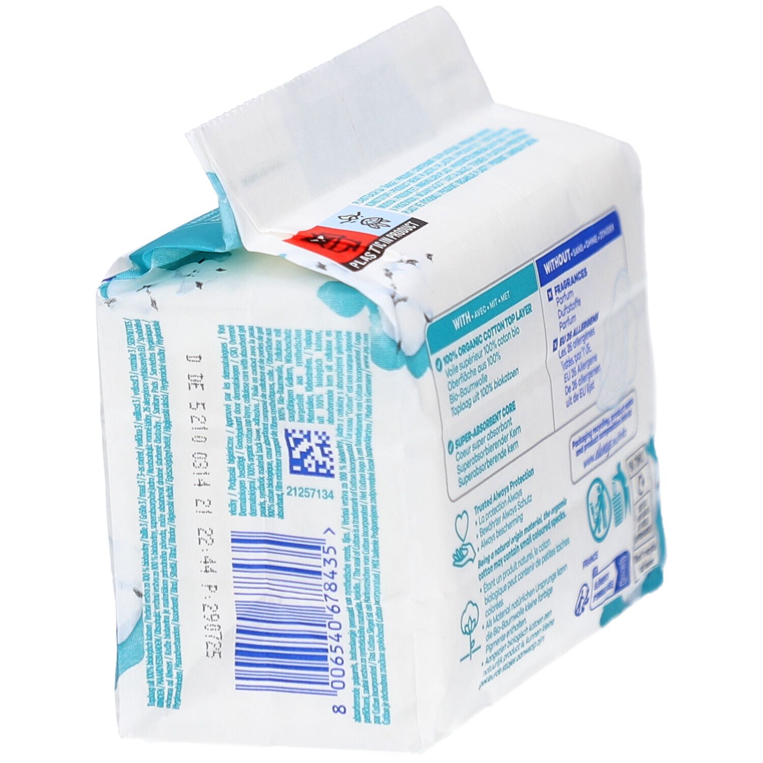 Seitenansicht der ALWAYS Ultra Binde Verpackung. Barcode, Text und FSC-Zertifizierung sichtbar.